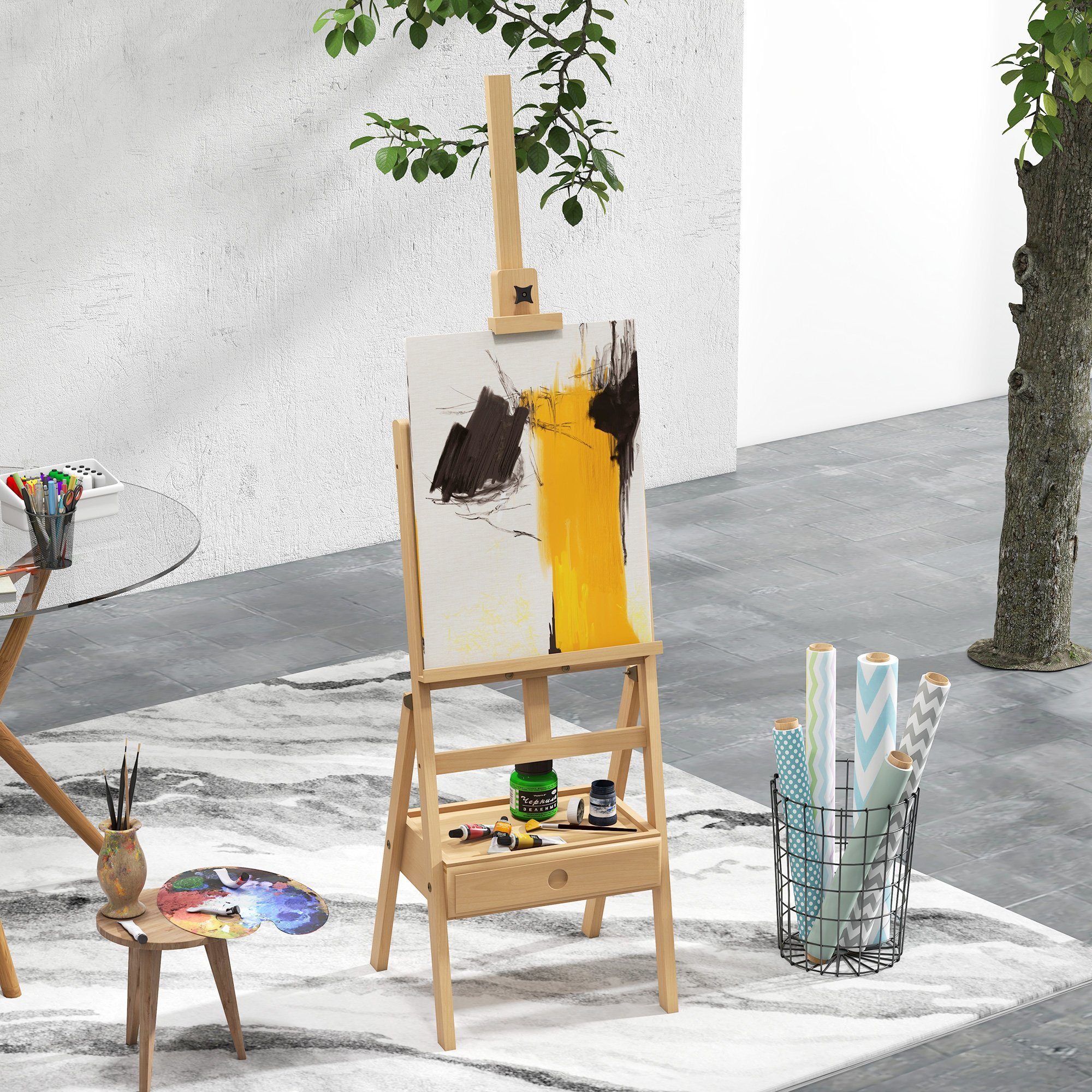 Vinsetto Staffelei Atelierstaffelei mit Halterung, Naturholz 43,5 x 43 x 150-190 cm