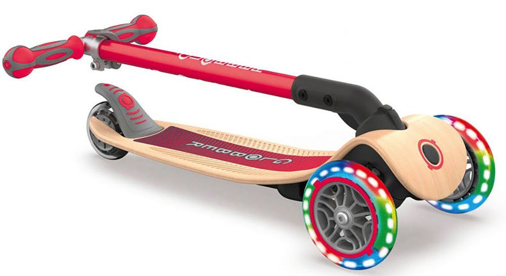 Globber WOOD PRIMO rot Dreiradscooter & authentic und mit LIGHTS, toys Leuchtrollen FOLDABLE sports Holzdeck