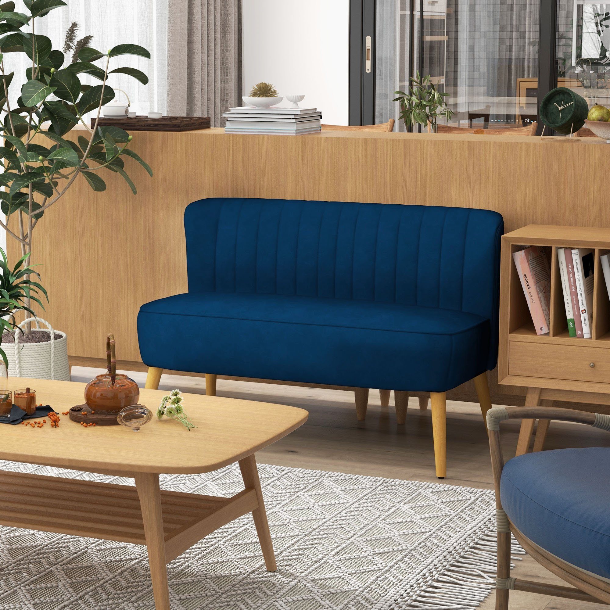 HOMCOM 2-Sitzer Zweisitzer, Loveseat mit Leinenoptik, Doppelsofa mit Holzbeine, Polstersofa 1 Teile, für Wohnzimmer, Blau