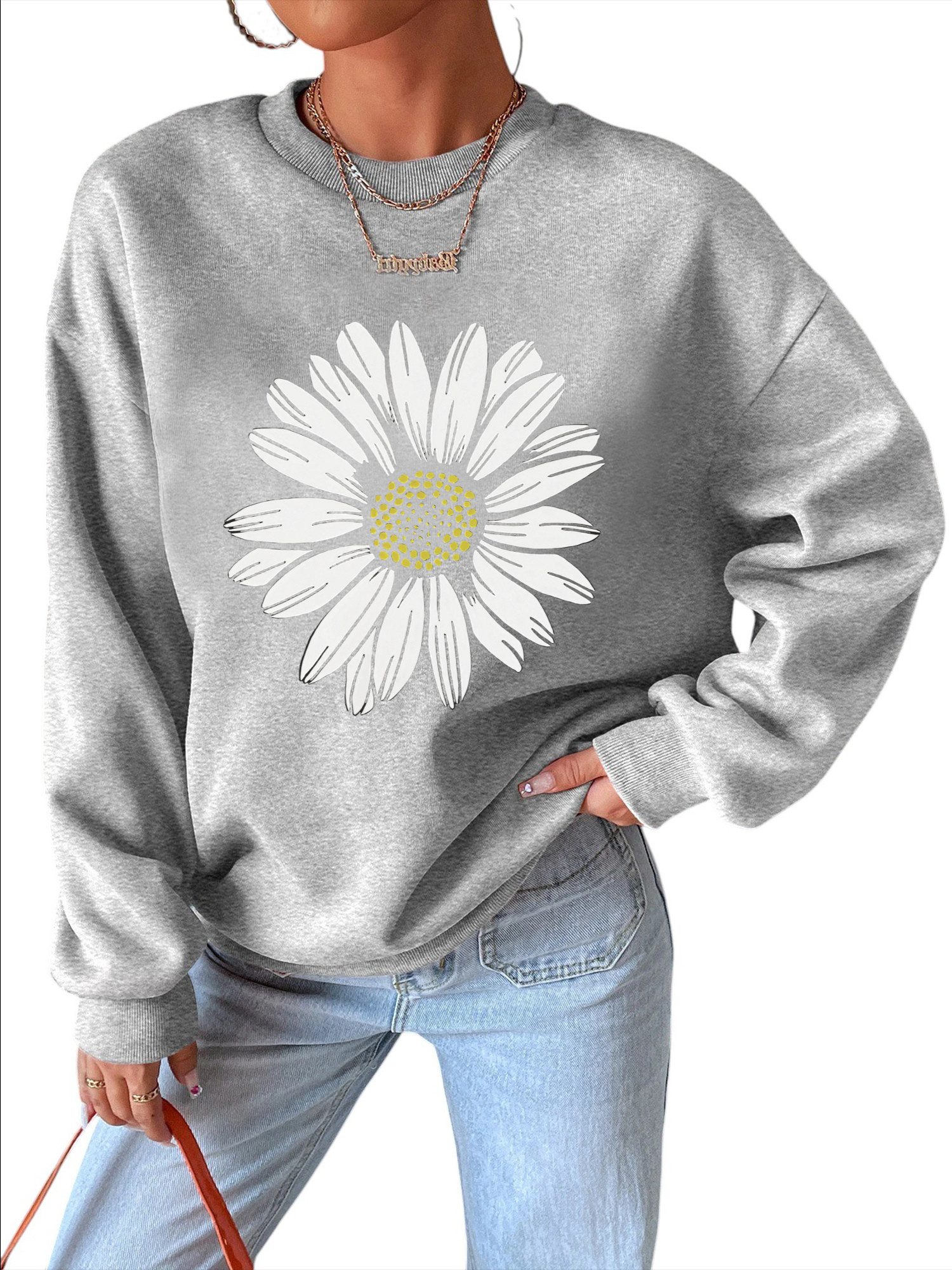 PYLIKE Sweatshirt Fleecepullover Damen,Sweatshirt mit Gänseblümchen Print B günstig online kaufen