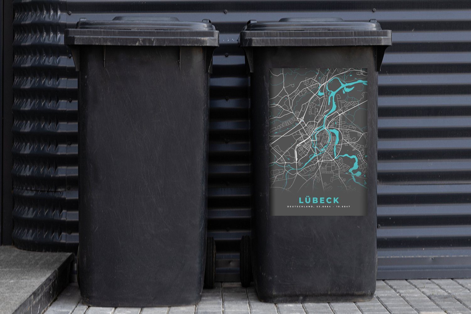 MuchoWow Wandsticker Stadtplan - Mülltonne, (1 Sticker, - Karte Abfalbehälter Mülleimer-aufkleber, Lübeck Deutschland - St), Blau Container, -