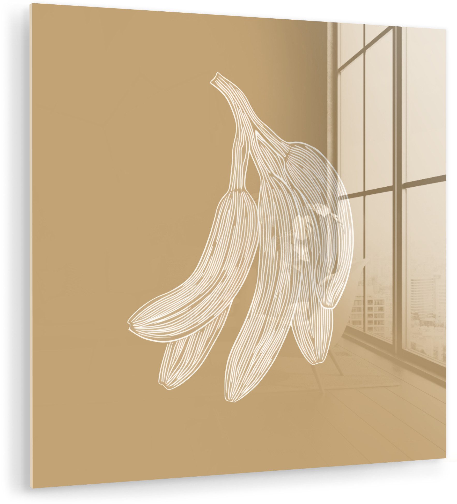 MuchoWow Acrylglasbild Bananen - Beige - Strichzeichnung - Minimalistisch, Inkl. Aufhängung, Bilder auf Glas Wandbild, Wanddeko Wohnzimmer Badezimmer, 20x20 cm