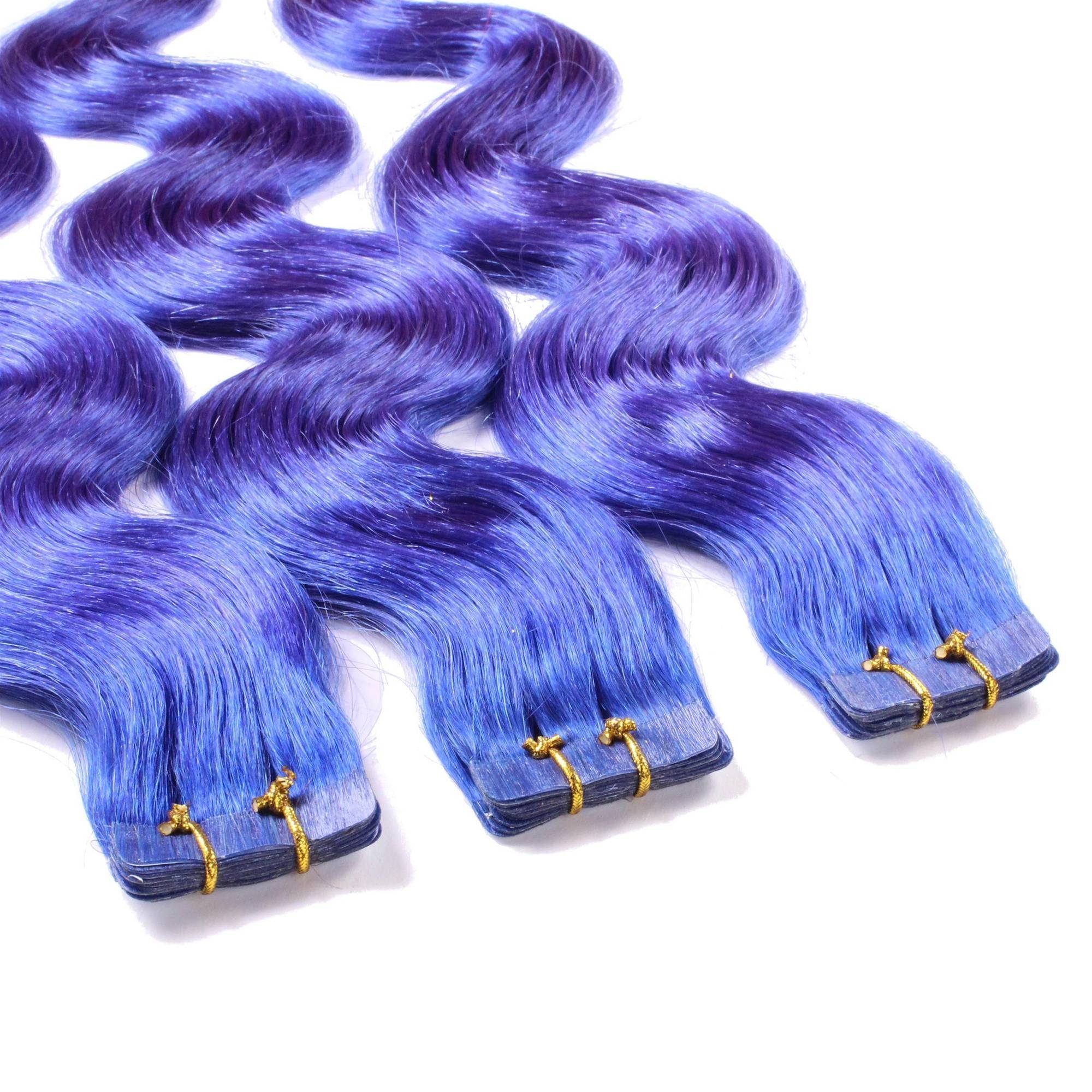 hair2heart Echthaar-Extension Tape Extensions gewellt #Blau 50cm