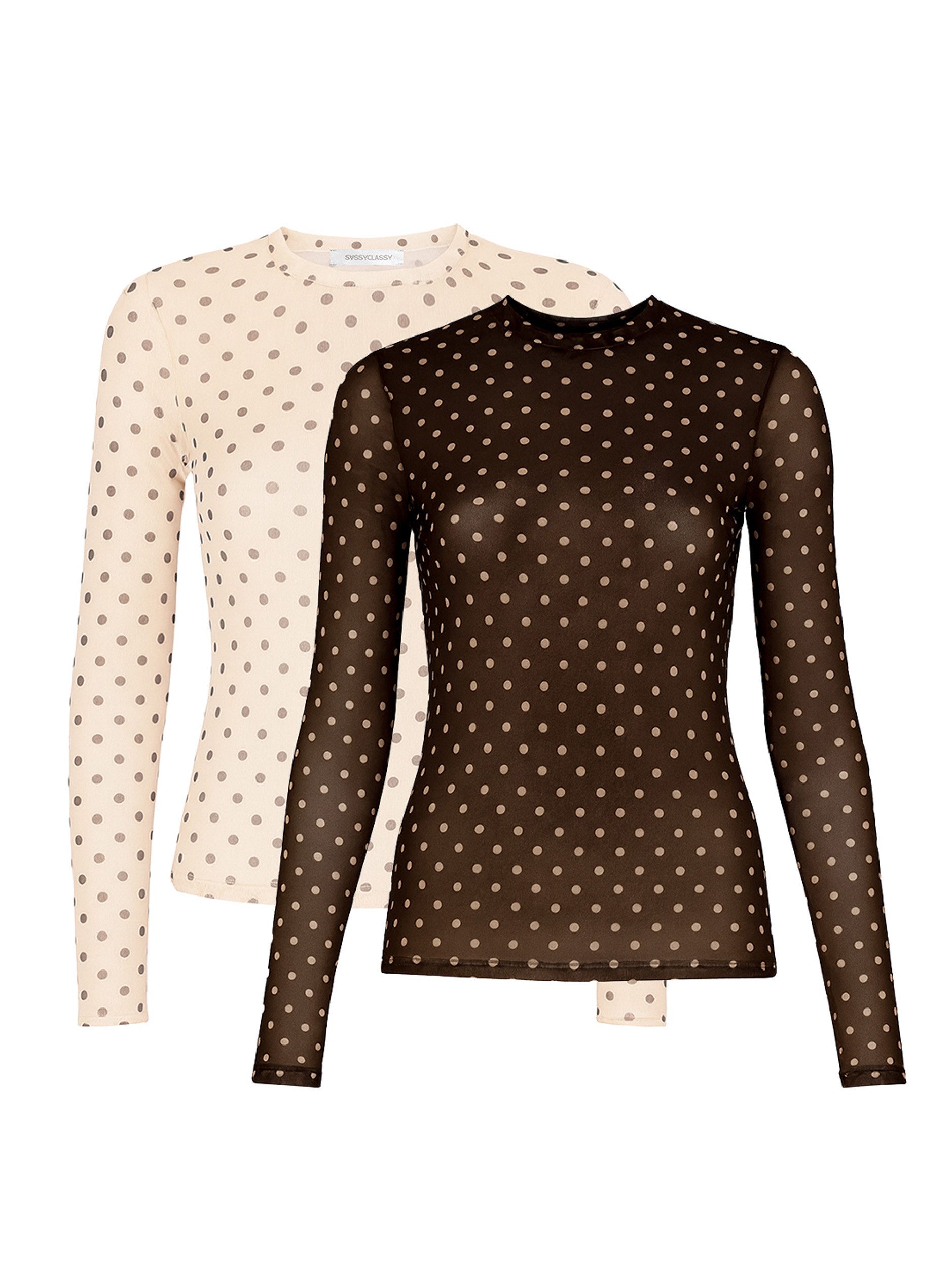 SASSYCLASSY Langarmshirt Mesh Langarmshirt Set für Damen Transparentes Shirt mit gefütterter Vorderseite Schwarz-Creme