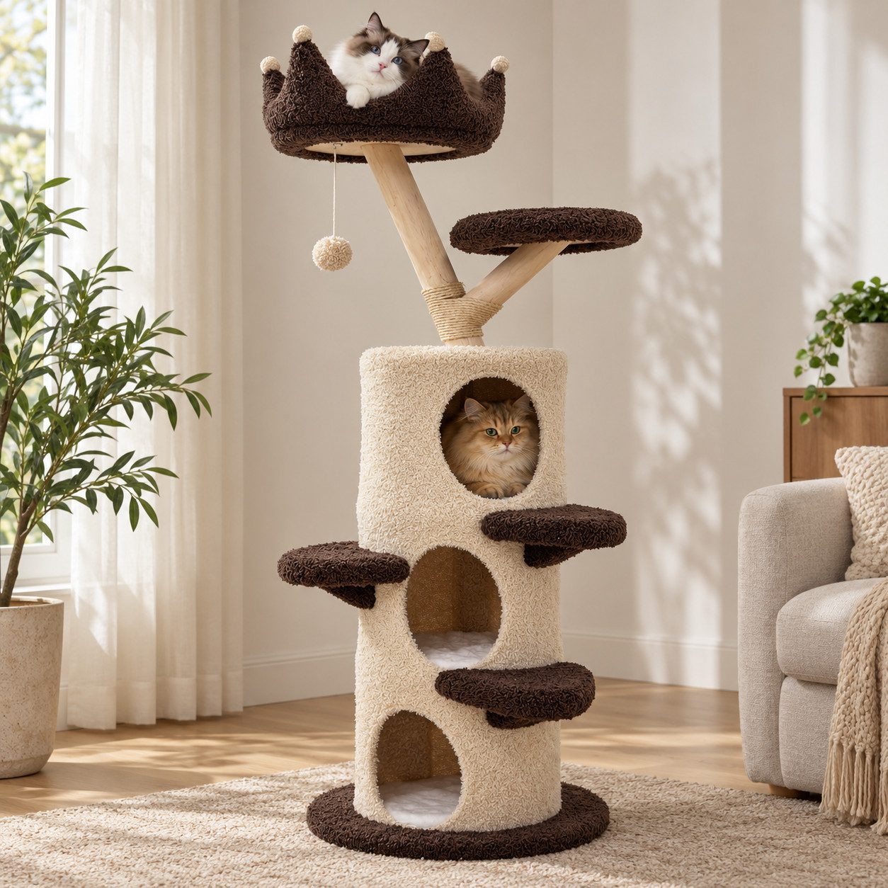 BingoPaw Kratzbaum mit Kronenbett, 3 Katzenhöhlen, Sisalstämmen, Katzenbaum 160 cm hoch, Kletterbaum mit versetzten Stufen, …