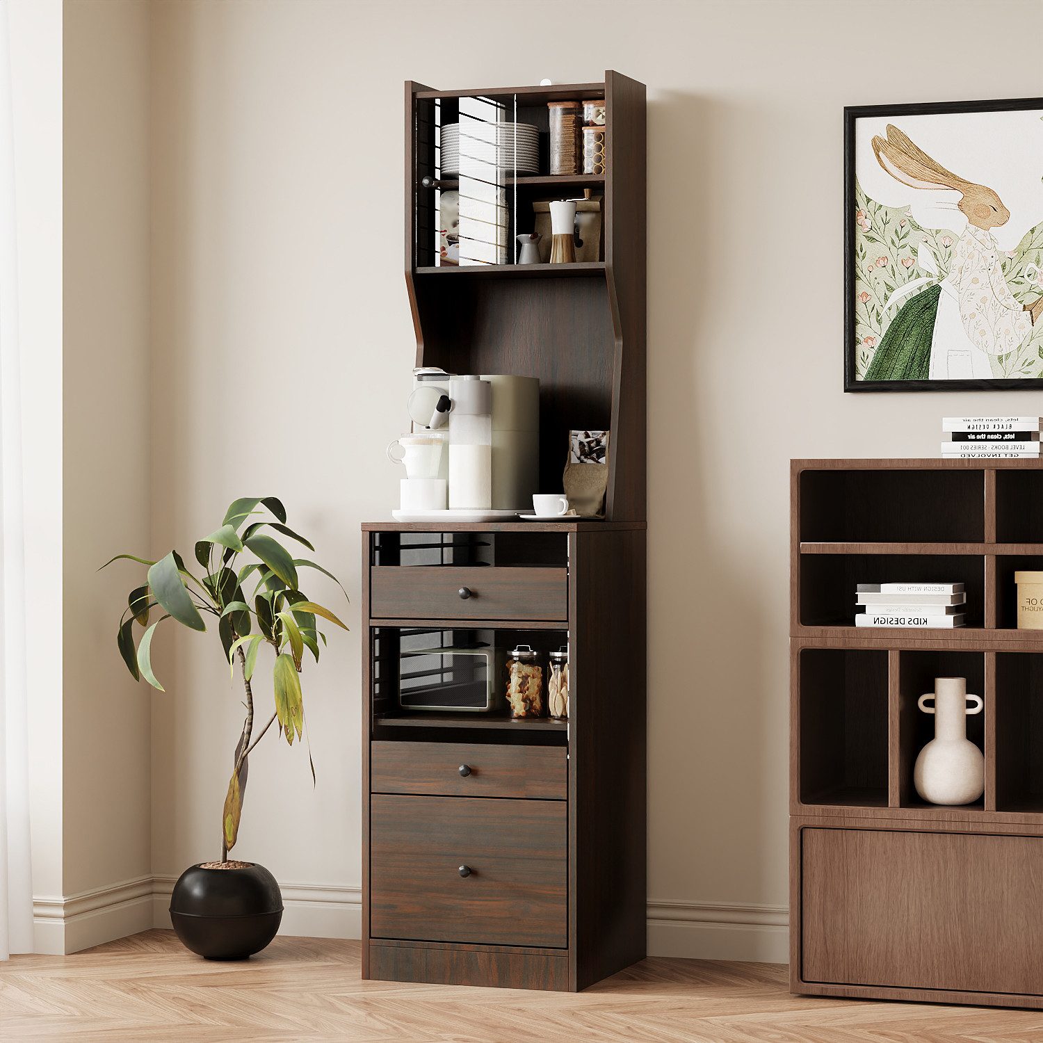 FUFU&GAGA Hochschrank Küchenschrank mit Glastür, dunkelbraun, günstig online kaufen
