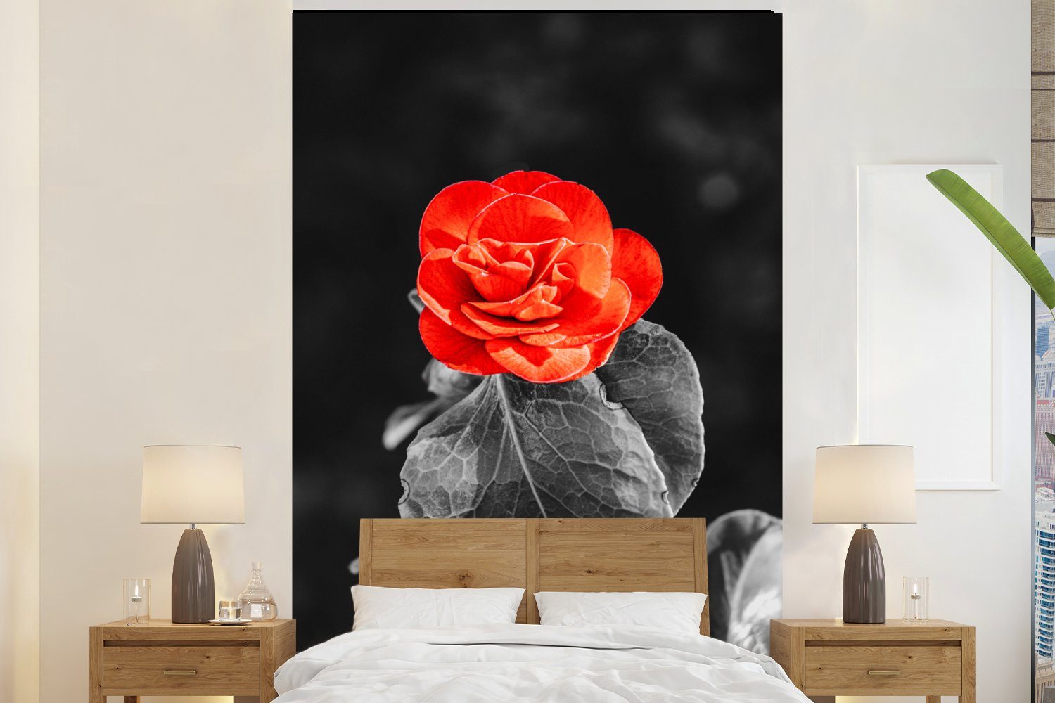 MuchoWow Fototapete Blumen - Schwarz - Weiß - Rose - Rot, Matt, bedruckt, (3 St), Montagefertig Vinyl Tapete für Wohnzimmer, Wandtapete