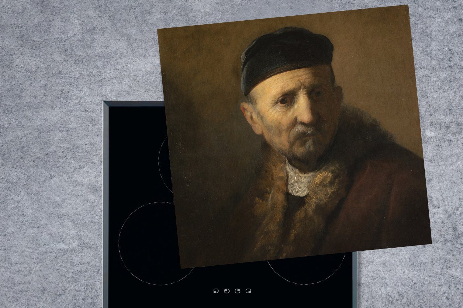 78x78 Rembrandt für - (1 Arbeitsplatte tlg), Vinyl, Herdblende-/Abdeckplatte alten Ceranfeldabdeckung, küche cm, Tronie van Mannes eines MuchoWow Rijn,