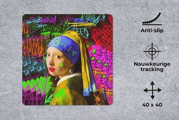 MuchoWow Gaming Mauspad Girl with a Pearl Earring - Neon - Graffiti (1-St), Mousepad mit Rutschfester Unterseite, Gaming, 40x40 cm, XXL, Großes