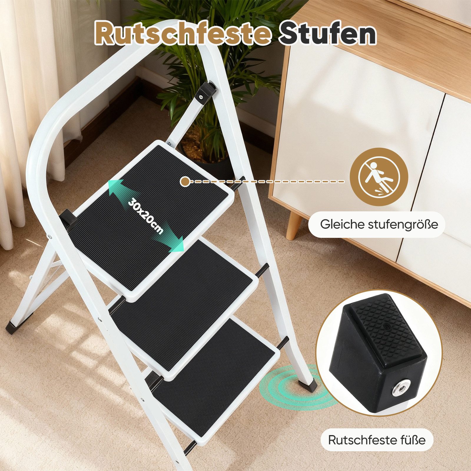 Sekey Trittleiter klappleiter 2 stufen / 3 stufen, bis 150 kg belastbar, Haushaltsleiter 3 stufen mit rutschfesten Stufen, Lock-Klappsperre