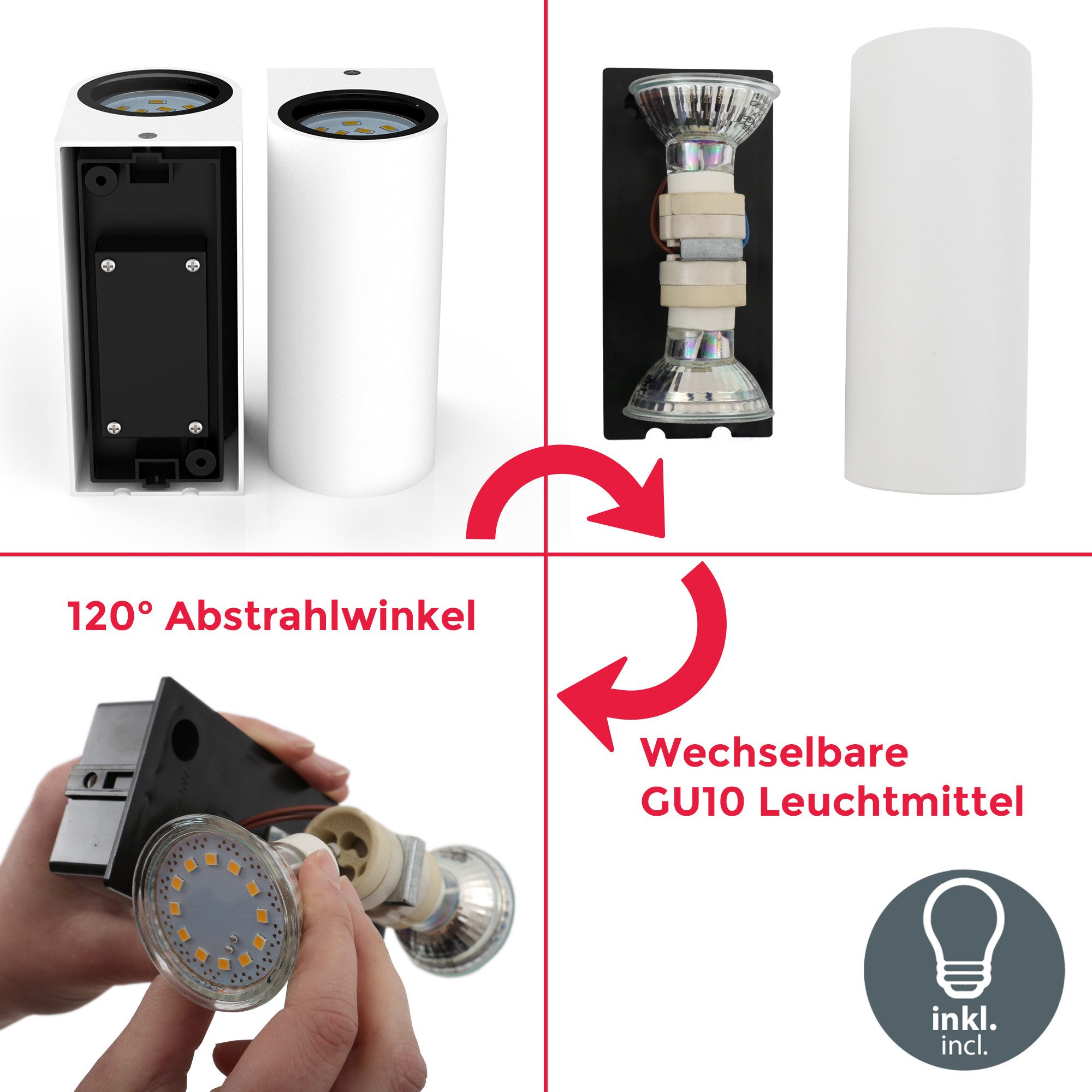 B.K.Licht Außen-Wandleuchte LED Wandlampe Außen & Innen Wandspot 15x9cm schwarz/weiß IP44, LED wechselbar, Warmweiß, 3000K Hauswand Up Down 2x GU10 5W 400lm Terrasse Garten