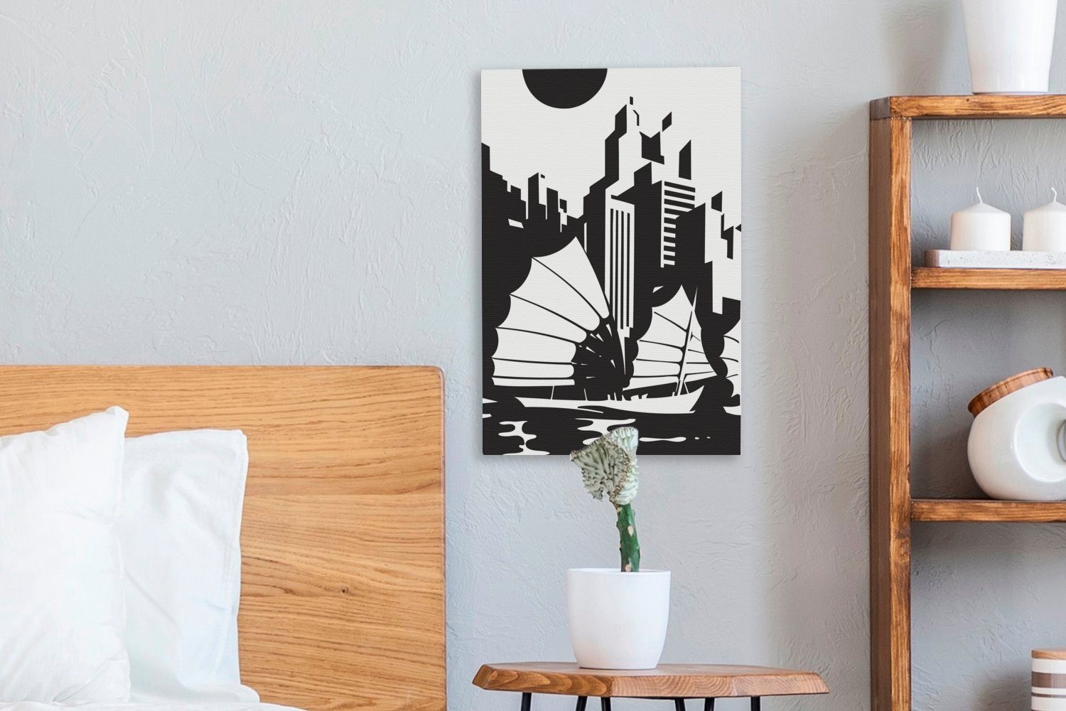 OneMillionCanvasses® Leinwandbild Eine 20x30 von Gemälde, bespannt inkl. Leinwandbild (1 mit cm Zackenaufhänger, fertig Illustration Hongkong St), Boot, schwarz-weiße einem