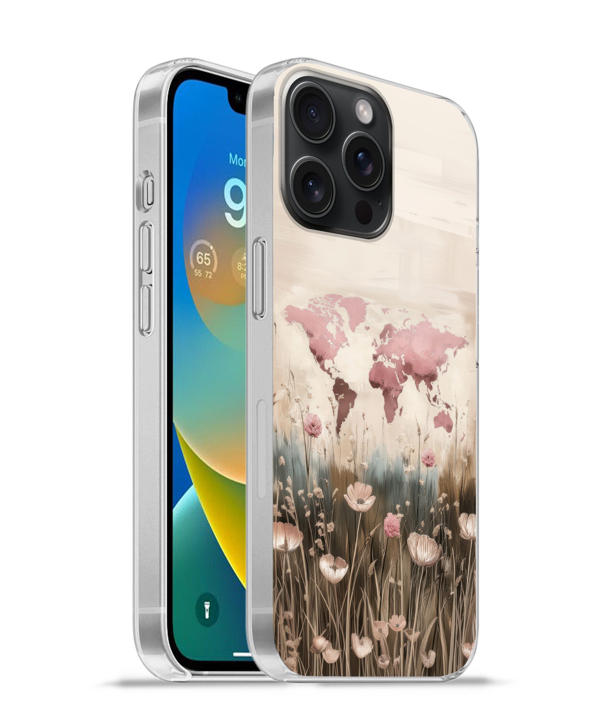 MuchoWow Handyhülle für Apple iPhone 15 Pro Max Weltkarte - Rosa - Blumen, Smartphone-Bumper, Print, Handy Schutzhülle Dünn