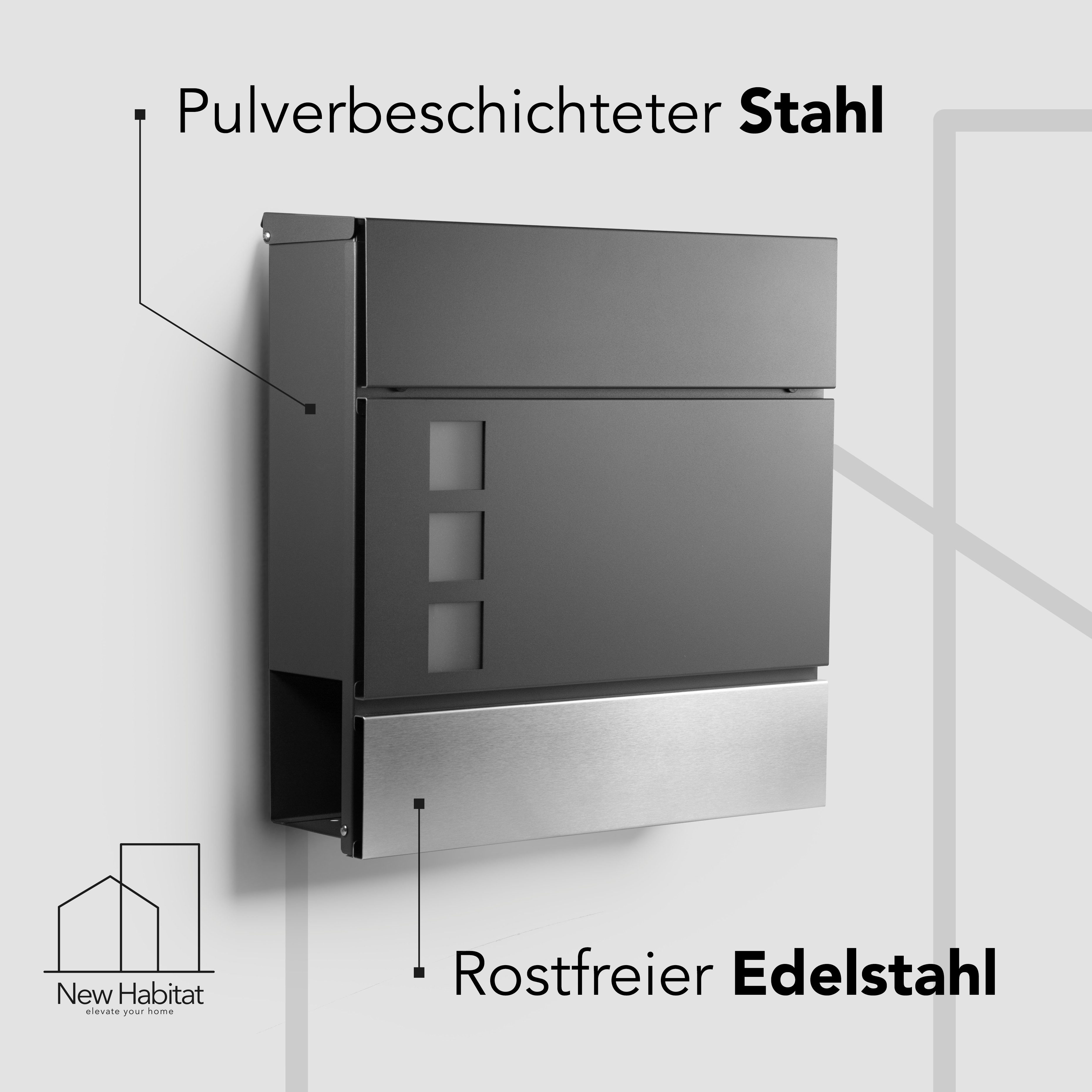 NewHabitat Briefkasten Moderner Wandbriefkasten "London" mit Sichtfenster, Anthrazit RAL7016 (Komplettset, Modell: London), Rostfrei – Bild 3 von 5