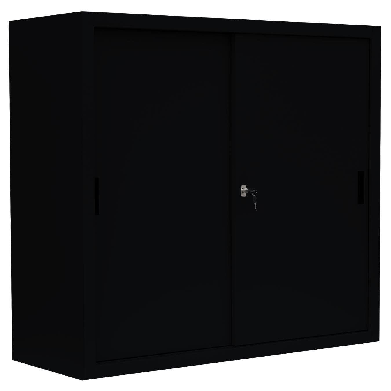 Steelboxx Schiebetürenschrank Lüllmann® Schiebetürenschrank, 3 OH, 1090 x 1200 x 450 mm (1-St) Komplett verschweißt und montiert - keine Montage erforderlich Korpus: RAL 9005 Tiefschwarz/ Türen: 9005 Tiefschwarz | Schwarz