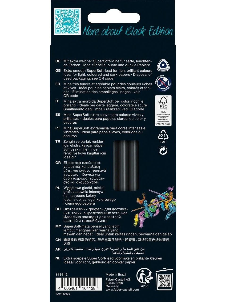 Faber-Castell Buntstift Black Edition Buntstifte 12er Kartonetui ergonomisch, SuperSoft-Mine