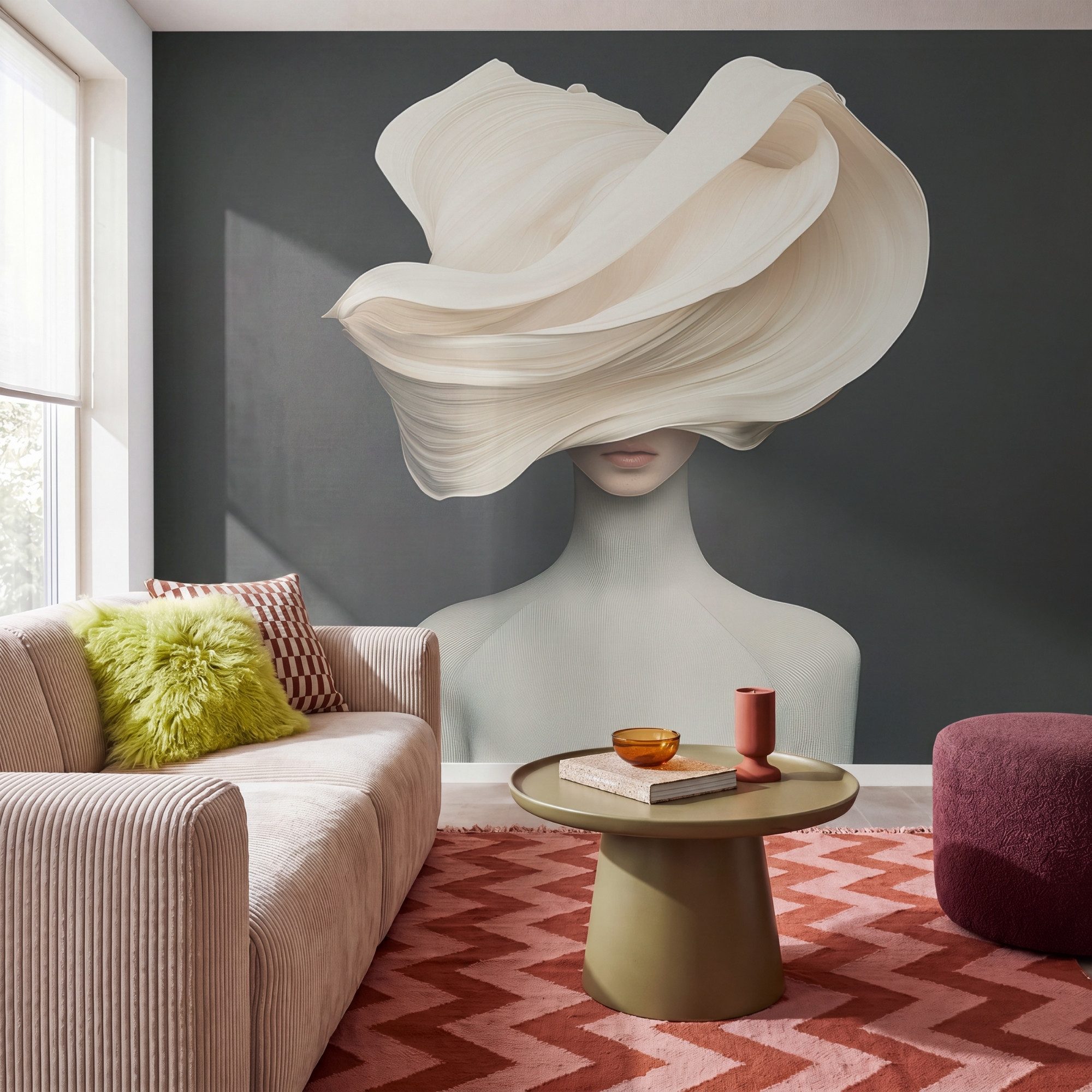 OnlyWow Fototapete Frau - Beige - Hut, Matt, bedruckt, Wandtapete, Schlafzimmer, Vinyl Tapete 280x220cm