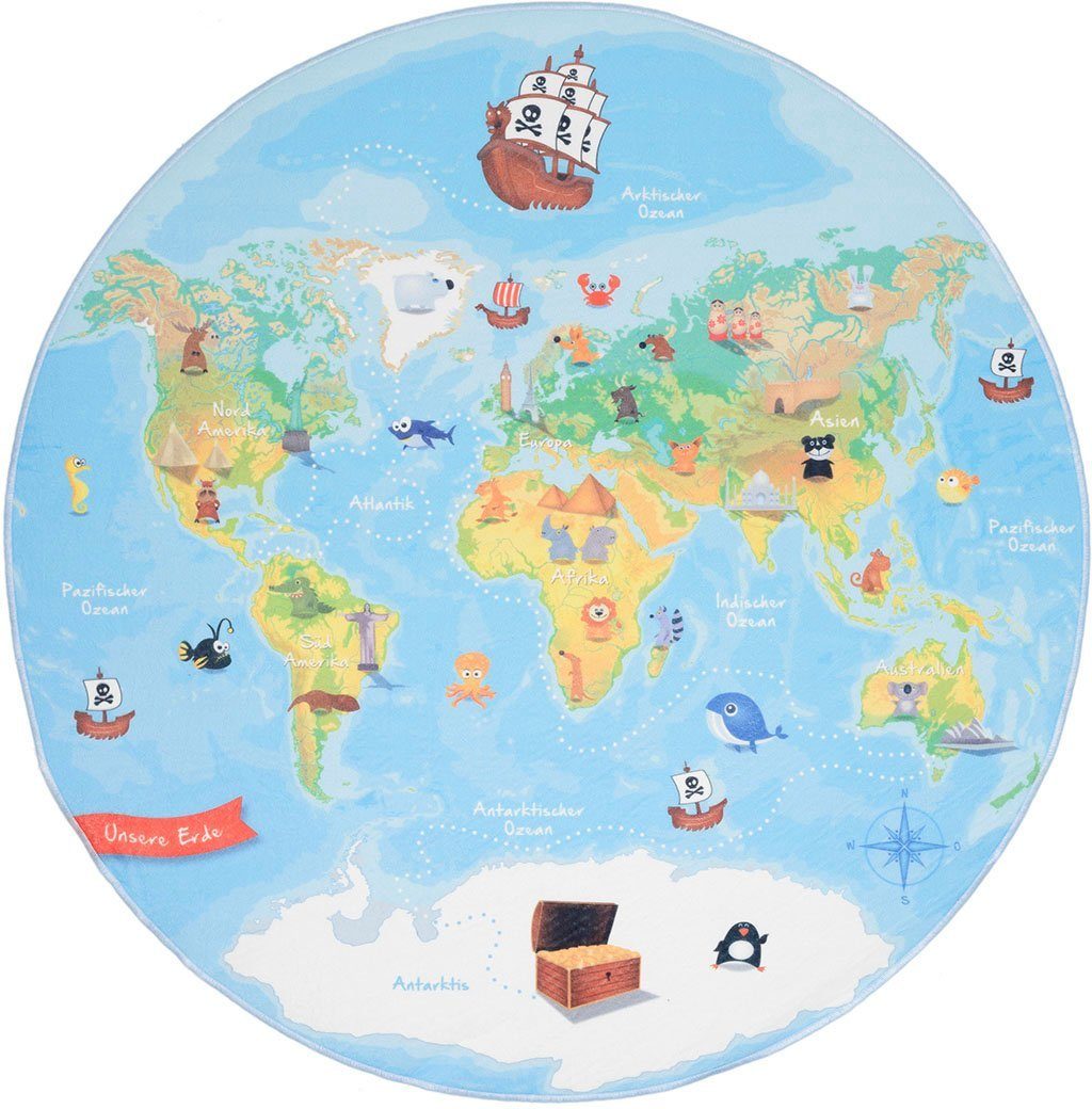 Weltkarte, rund, Carpet, Motiv 4 Böing Kinderteppich bedruckt, Kinderzimmer Höhe: waschbar, mm, Weltkarte,