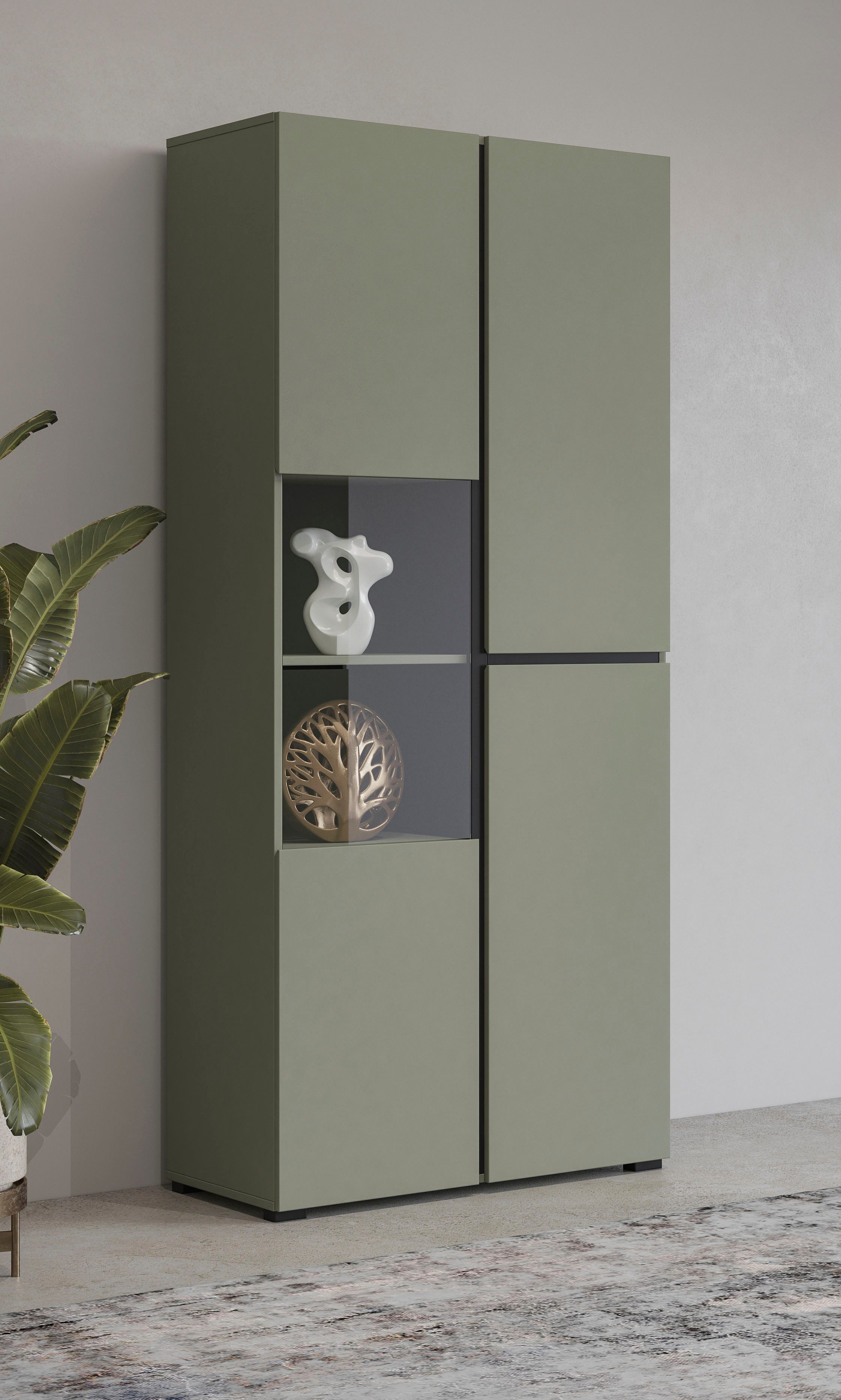 OTTO home Vitrine Cross, Höhe 183,5 cm, moderne grifflose Standvitrine mit 3 Türen Hochschrank mit viel Stauraum, Glastür und verstellbaren Einlegeböden
