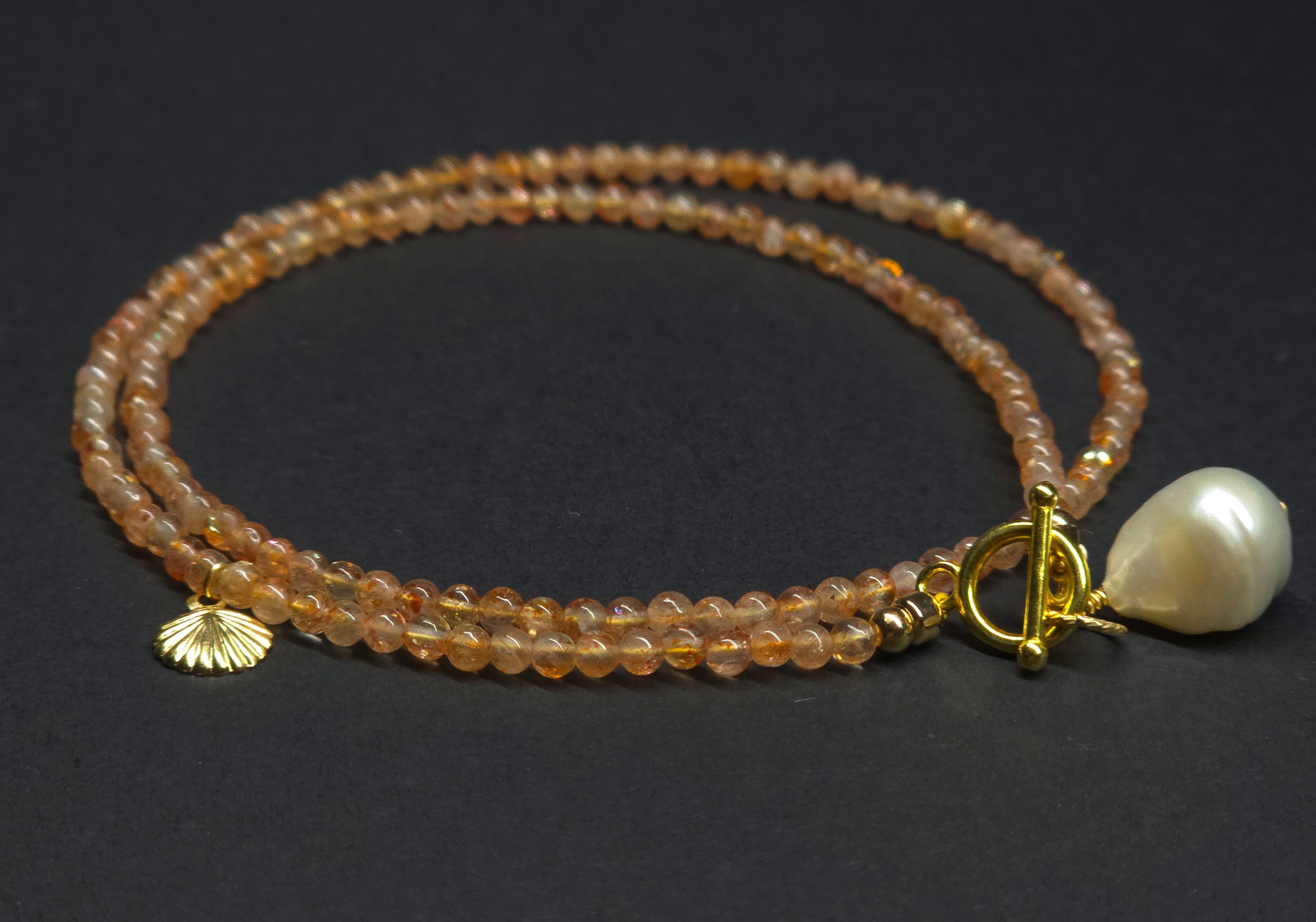 Kette mit Anhänger Sonnenstein Halskette mit Barockperle 925 Silber Vergoldet