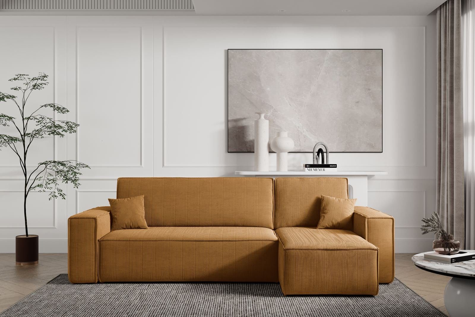 Compleo Ecksofa Wohnzimmer und Schlaffunktion, Ecke, cm, Cord, Breite 244 TOKYO, Gelb mit mane mit Bettkasten, L-form universelle Modern