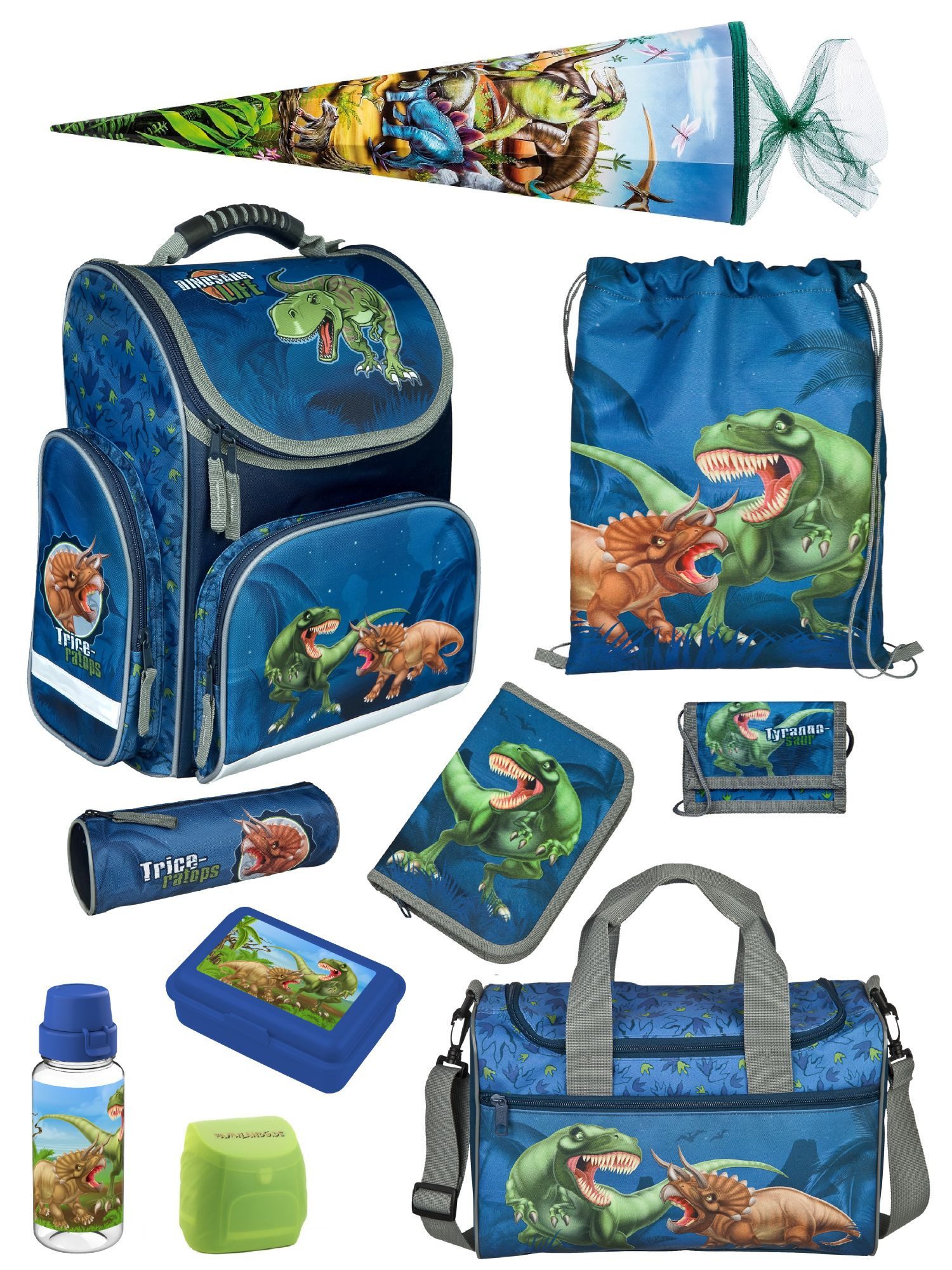 Familando Schulranzen CLOU Schultasche 1.-4. Klasse ergonomisch, leicht, Volumen 15 Liter (Komplett-Set, 10-tlg., mit Lunch-Set, Sporttasche und Schultüte 85 cm), Dino T-Rex Dinosaurier Motiv