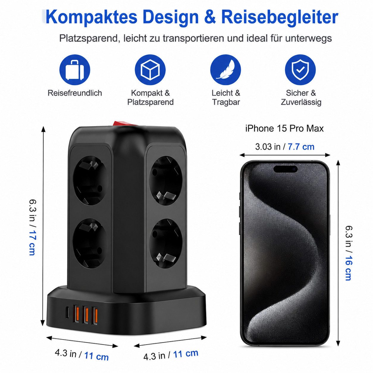 ibettertec 12 in 1 Mehrfachsteckdosen Steckdosenturm mit Schalter Kabel 1.8m Steckdosenleiste 8-fach (platzsparend, 3 USB-A, 1 USB-C Mehrfachsteckdose, Überspan – Bild 2 von 5