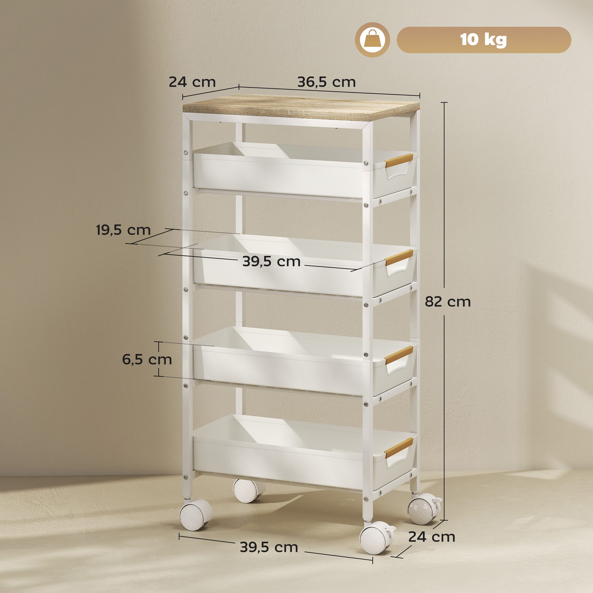 HOMCOM Küchenwagen 5-stöckiger Aufbewahrungswagen auf Rädern, (Rollwagen mit 4 ausziehbaren Schubladen, 1 St., mobiles Küchenregal für Wohnzimmer, Küche), 39,5 x 24 x 82 cm, Weiß