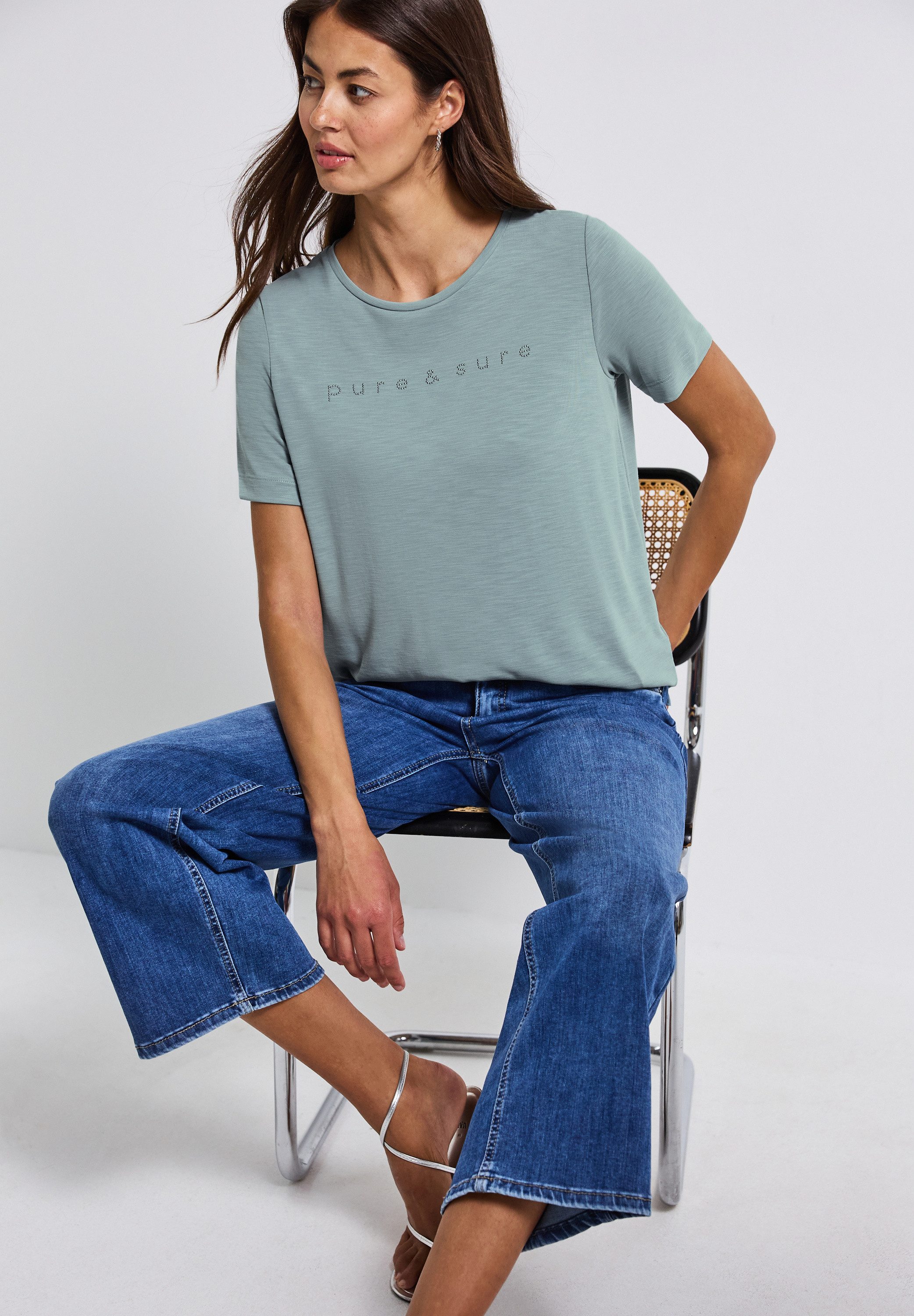 STREET ONE T-Shirt mit Wording und Schmucksteinen günstig online kaufen