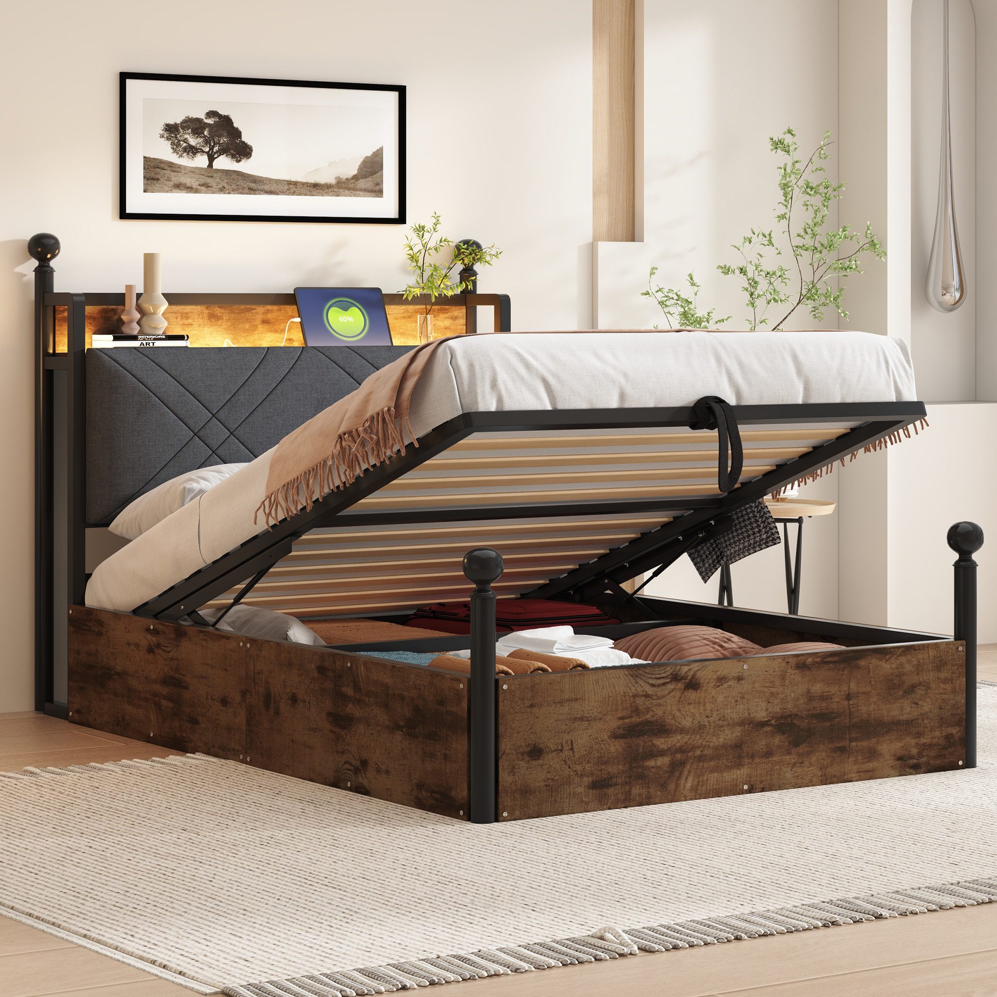 Flieks Himmelbett, Hydraulisches Stauraumbett Metallbett 90x190cm mit LED u günstig online kaufen