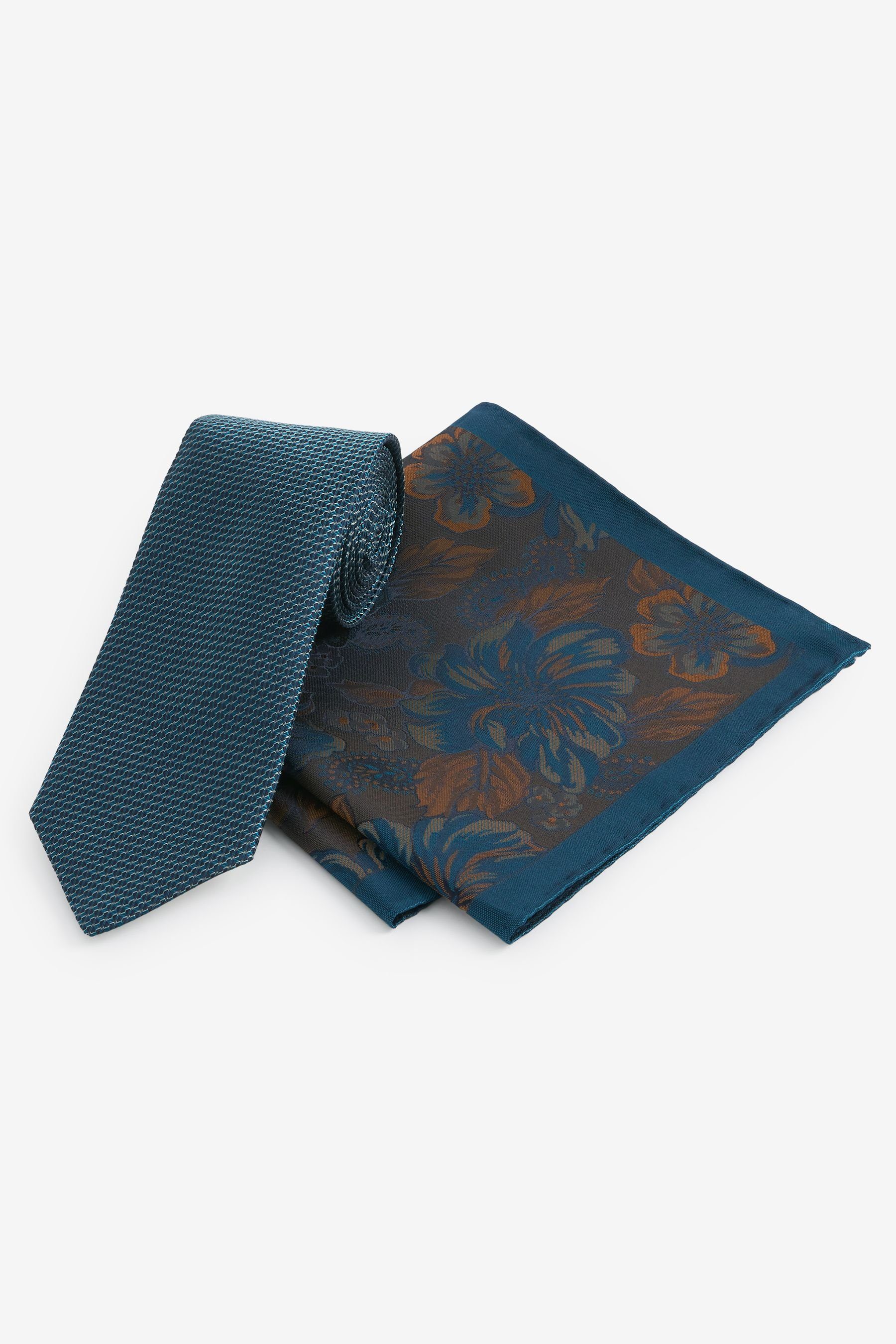 Next Krawatte Made in Italy Signature-Krawatte und Einstecktuch (2-St) Blue/Yellow Gold Floral