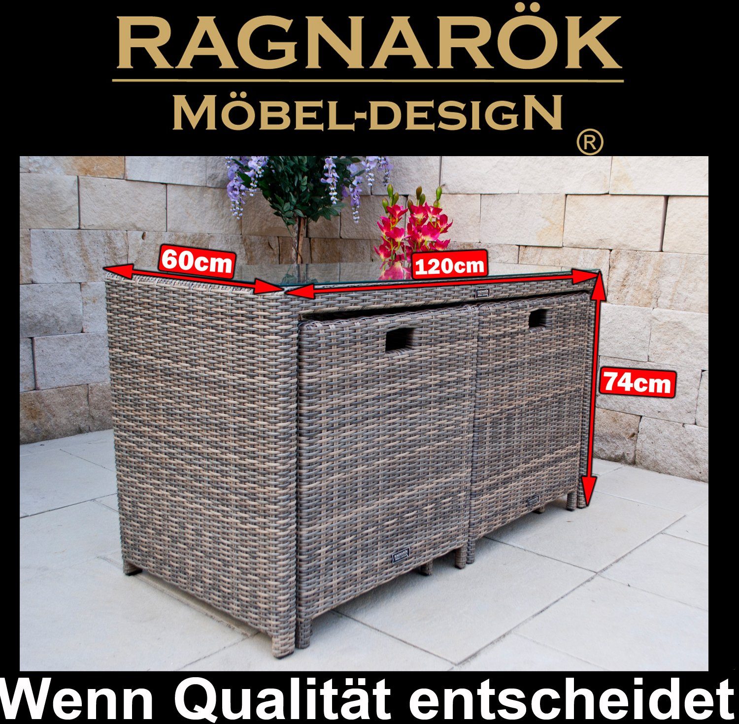 Ragnarök Möbel-Design Garten-Essgruppe HEIMDALL Esstisch Set 2+2, (Set, Polyrattan, Alu), 10 Jahre Garantie auf UV Beständigkeit des Polyrattan, Würfelsystem