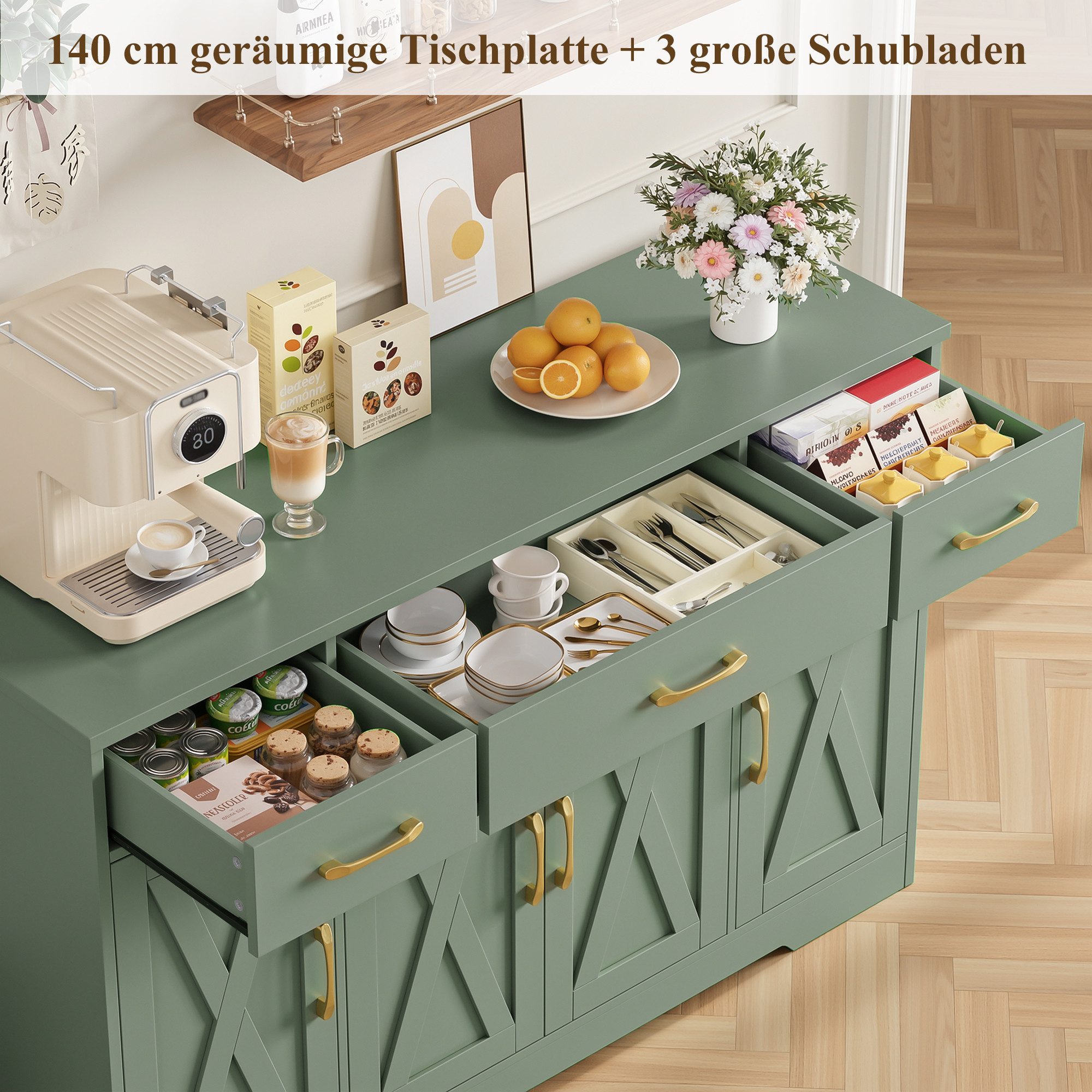 HOMECHO Sideboard, 140cm Breite Küchenschrank 3 Schubladen 4 Türen, Verstellbaren Regalen