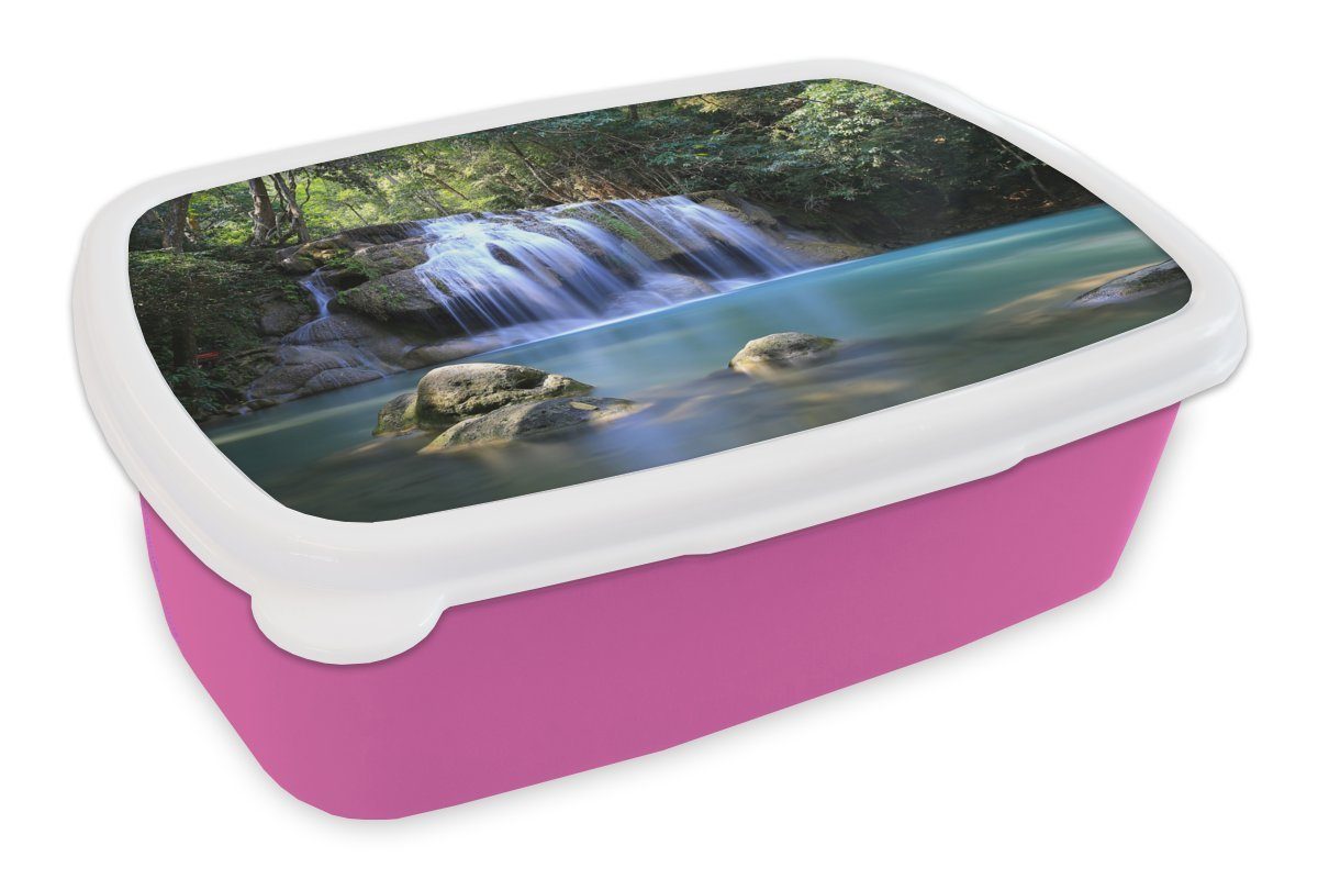 MuchoWow Lunchbox Felsen unter den Wasserfällen des Erawan-Nationalparks, Kunststoff, (2-tlg), Brotbox für Erwachsene, Brotdose Kinder, Snackbox, Mädchen, Kunststoff rosa