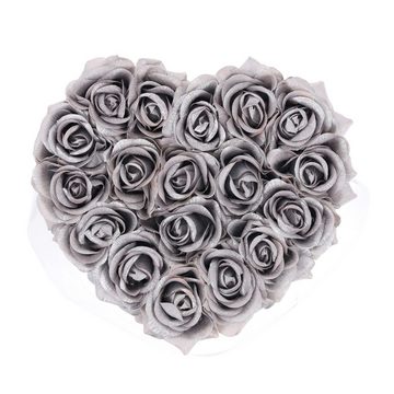 Gestecke Weiße Rosenbox mit 18 silbernen Rosen, relaxdays, Höhe 13 cm