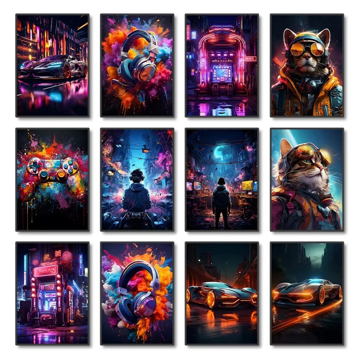 TPFLiving Kunstdruck OHNE RAHMEN, 80er 90er Jahre Bunte Neon Cyberpunk Wandkunst Poster (Leinwandbild XXL), Farben: Farben: orange, schwarz, blauGröße: 15x100cm