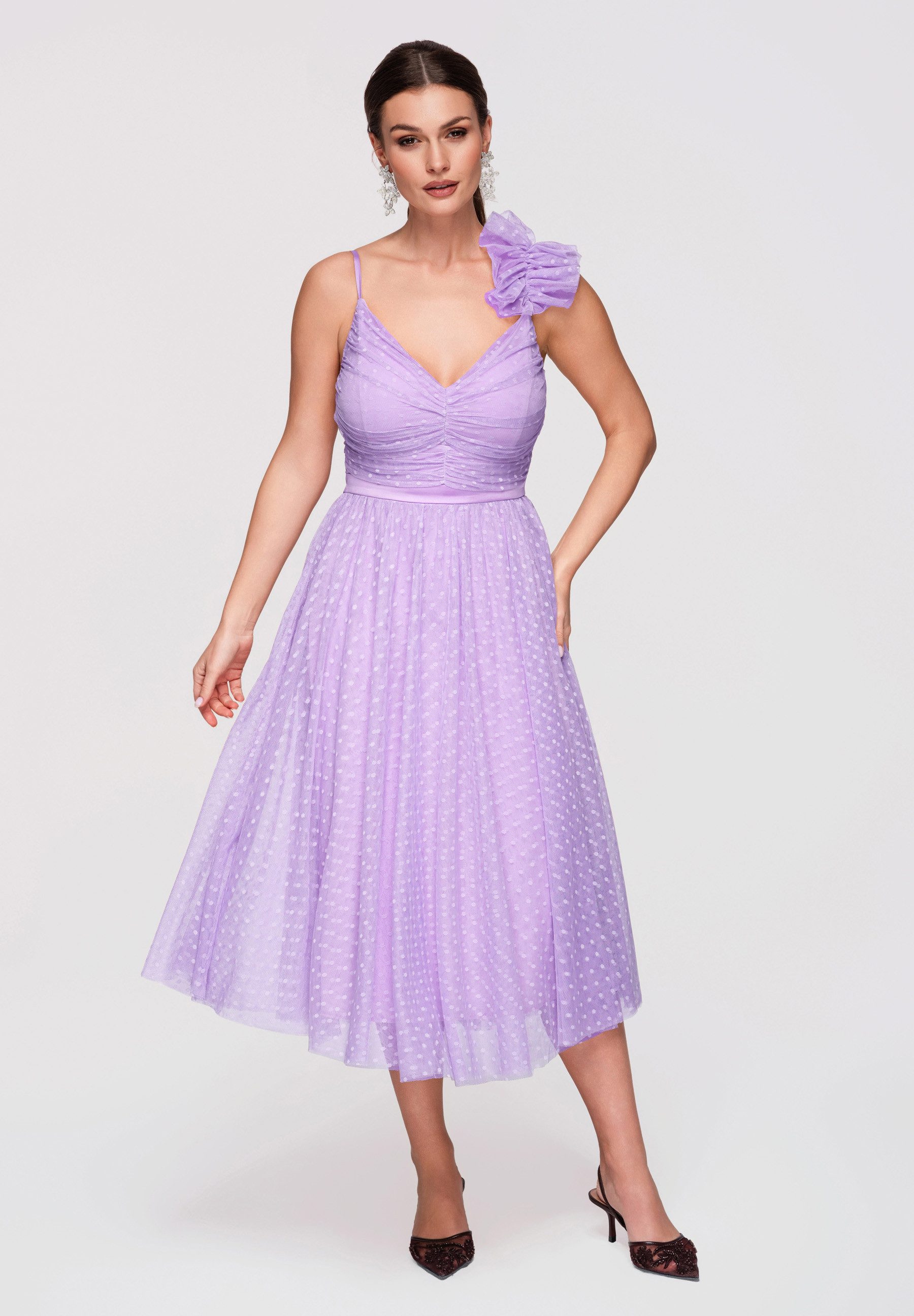 OMBRE Abendkleid Damen Midi Cocktailkleid mit V-Ausschnitt Violett S (kein Set, 1-tlg) in Unifarbe