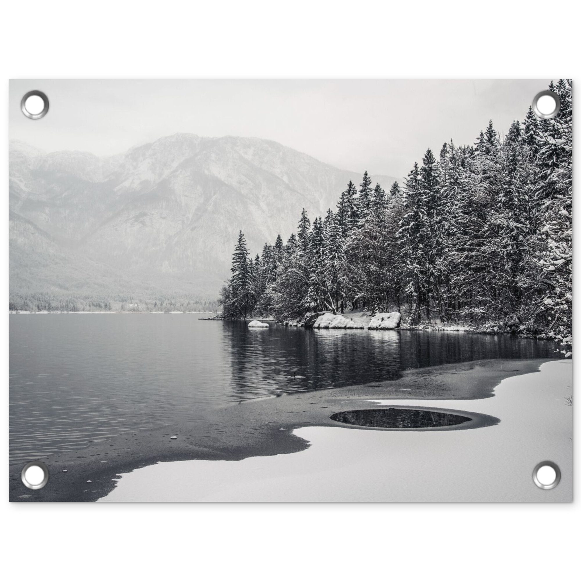 OnlyWow Poster für Garten Wasser - Winter - Natur - Kiefernbaum, Gartenposter, Outdoor Bilder, Gartendekoration Bild, 40x30 cm