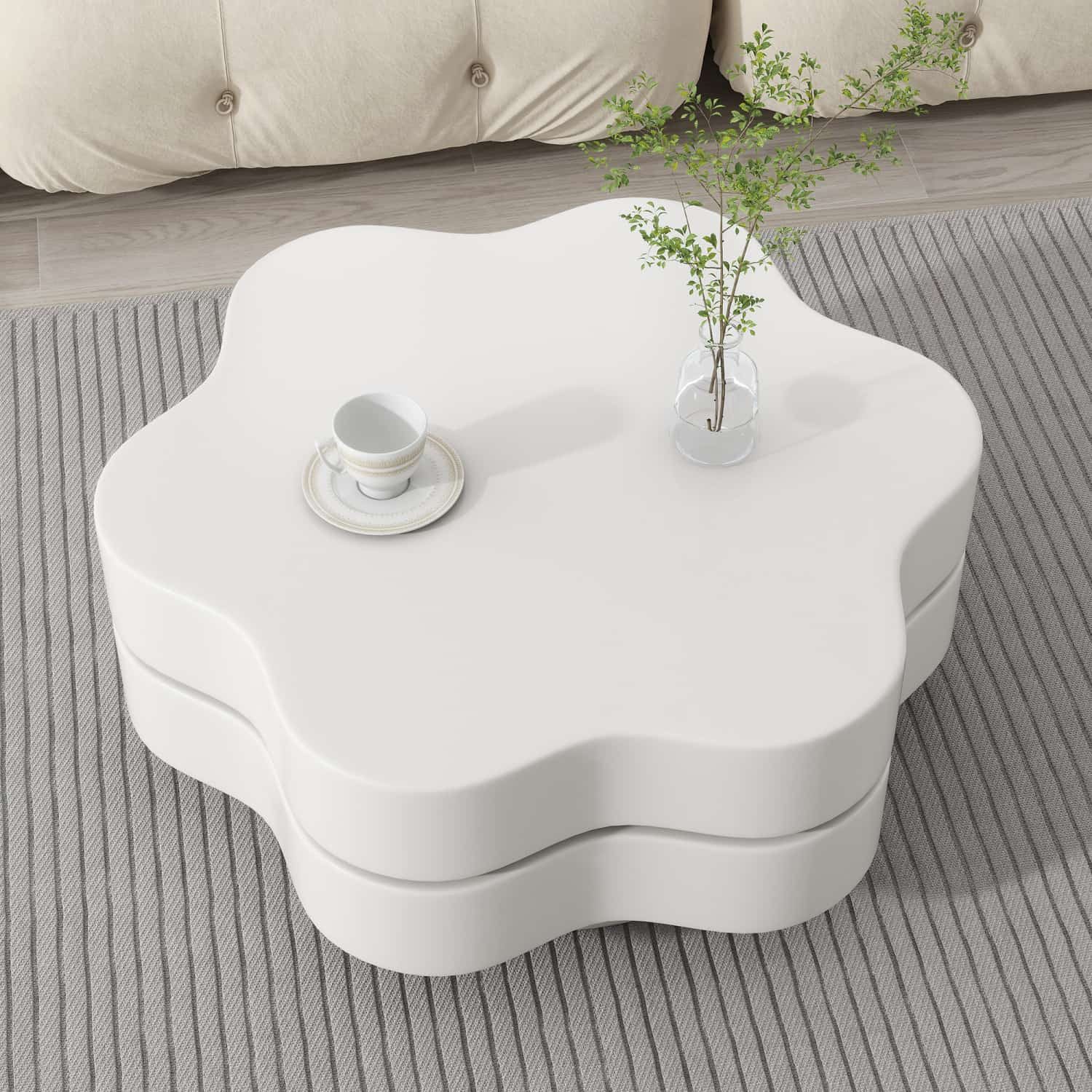 ANYSUN Couchtisch Zylindrisch,360° drehbar ausziehbare Tischplatte mit 3 Ablageebenen (1-St Flexibler Beistelltisch für kleine Wohnungen,bis 30 kg belastbar), Kompakt Sofatisch,Wohnzimmertisch mit Stauraum,Weiß+Natur,60x60x35.1cm