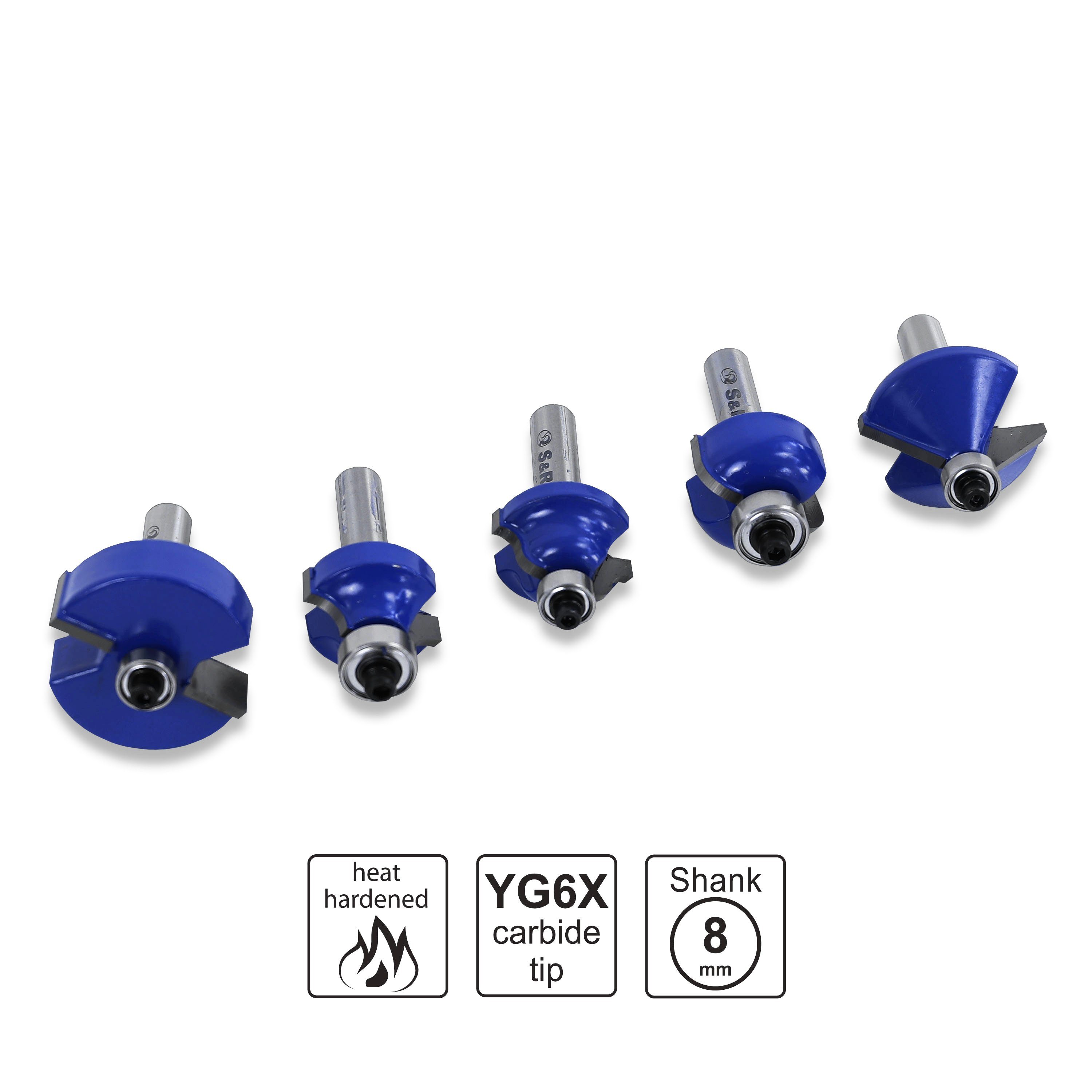 S&R Fräsbohrer Schaft 8mm, Holzkoffer, Industrie-Qualität, Fräser-Bit Satz, (Set, 12-tlg), für hartes und weiches Holz, aus gehärtetem Wolframkarbid Hartmetall