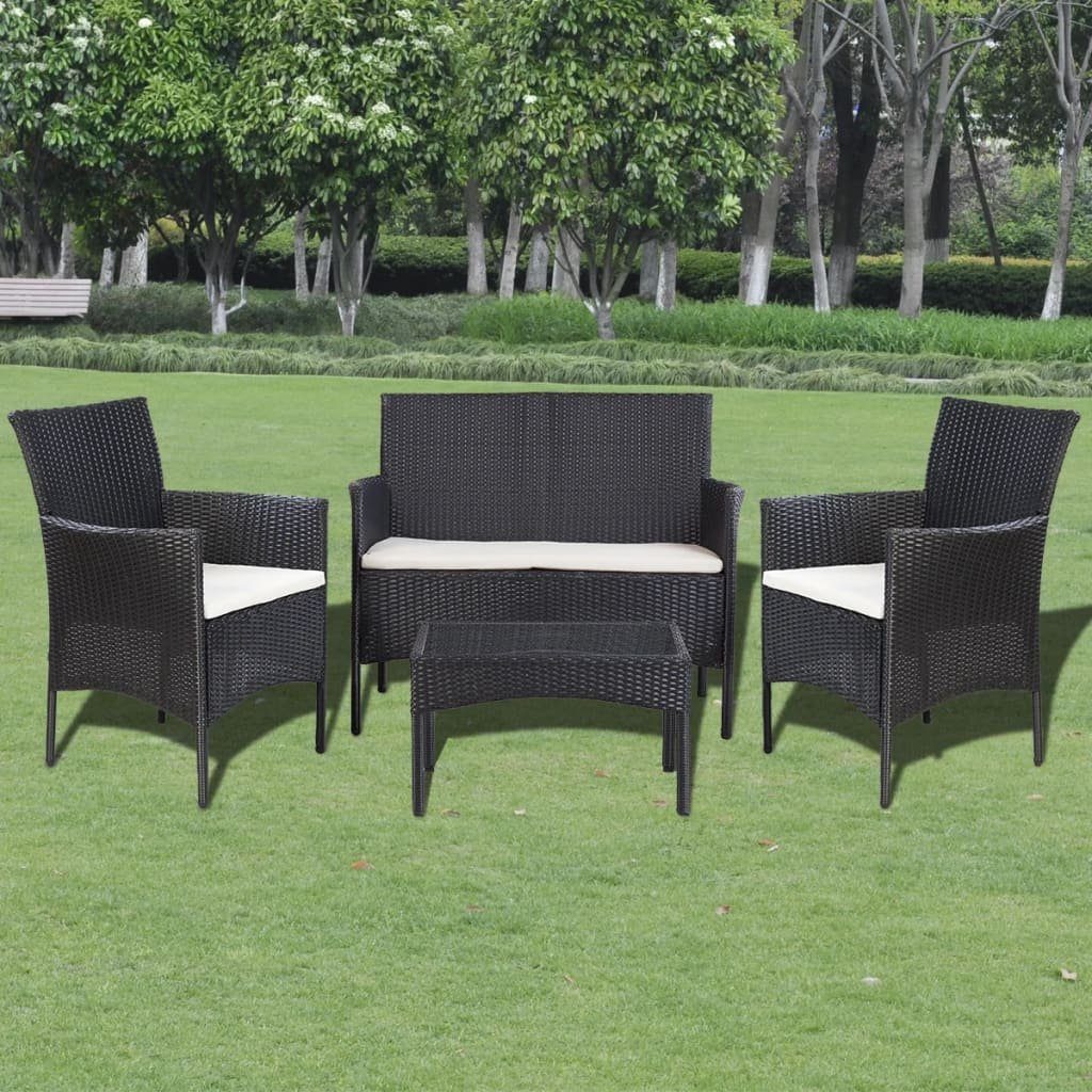 vidaXL Gartenlounge-Set (4-tlg) 4-tlg. Weiß Schwarz Schwarz, mit Garten-Lounge-Set Auflagen und Poly Rattan