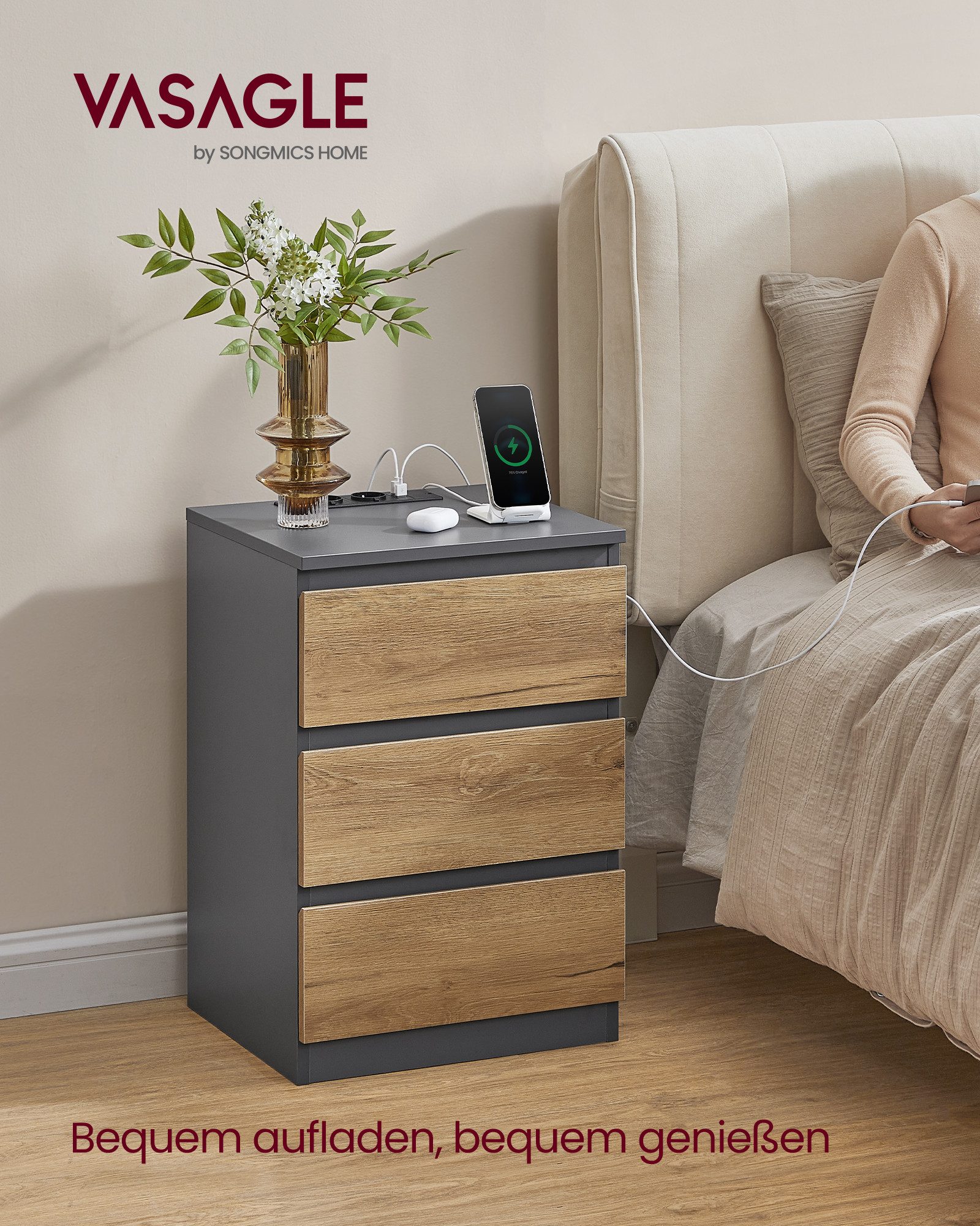 VASAGLE Nachttisch (2-St), 3 Schubladen, abgeschrägte Kante, 2 AC-Steckdose günstig online kaufen