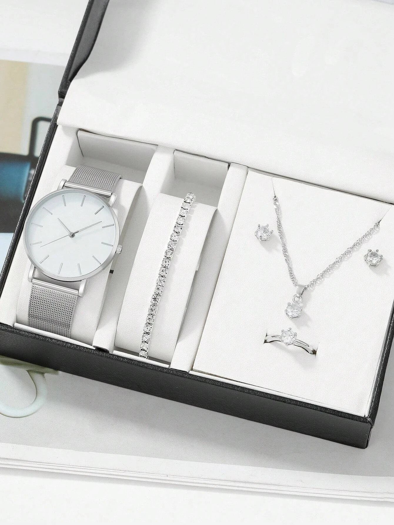 ENGELSINN Schmuckset Quarz Uhr Armband Ring Halskette Ohrringe Set Silber  Geschenkbox (6-tlg)