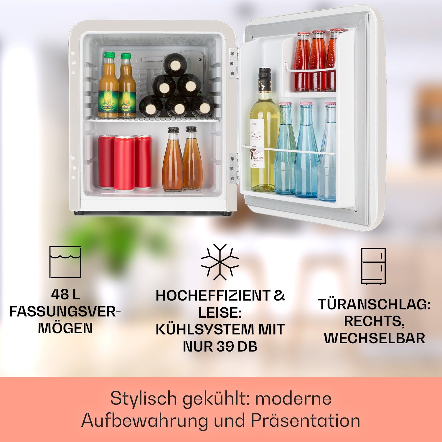 Klarstein Table Top Kühlschrank Audrey Mini Retro-Kühlschrank 48L 2 Ebenen 50ies R600a verchromt 10046048, 50 cm hoch, 44 cm breit, Hausbar Minikühlschrank ohne Gefrierfach Getränkekühlschrank klein