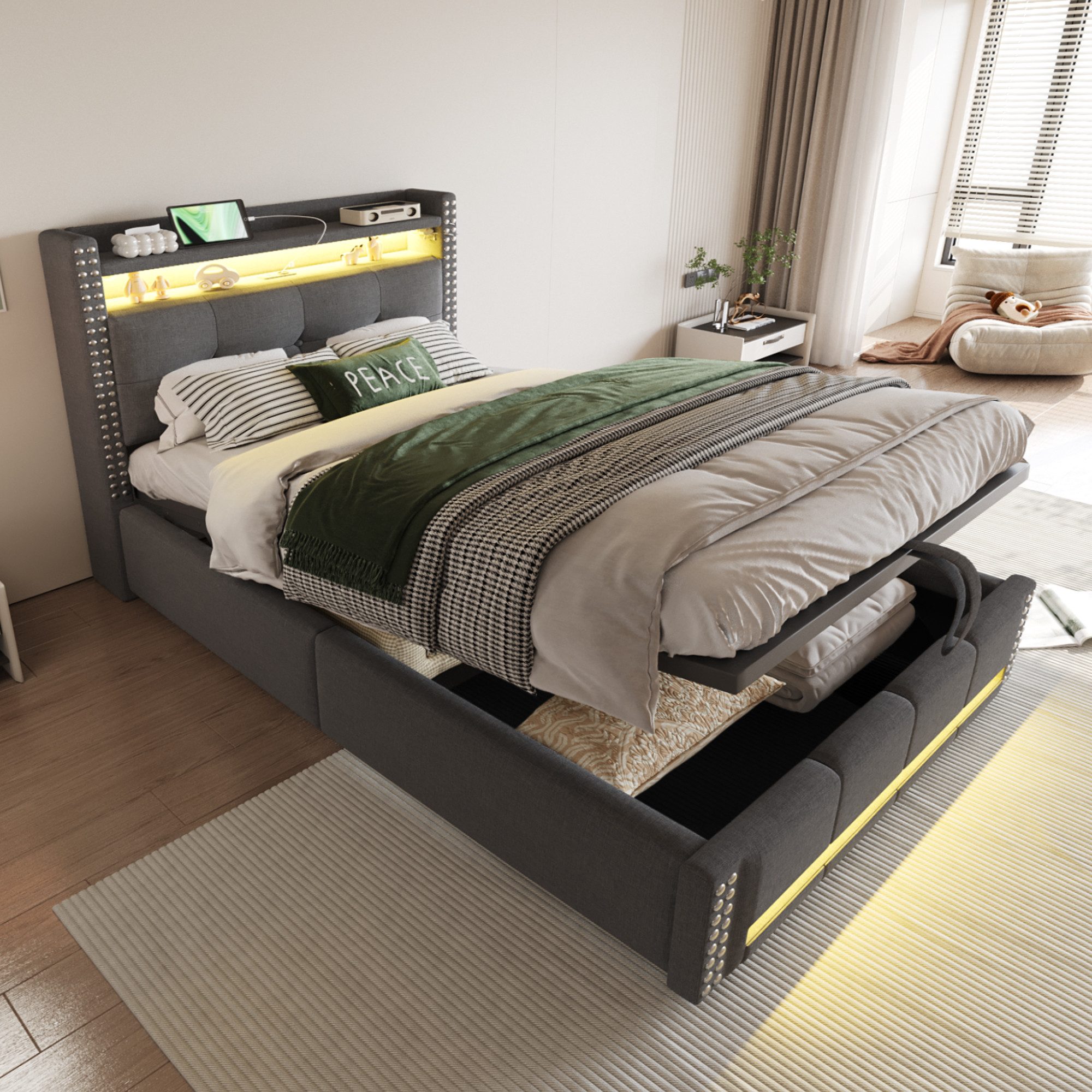 Flieks Polsterbett, LED Hydraulisches Stauraumbett Einzelbett 90x200cm mit günstig online kaufen