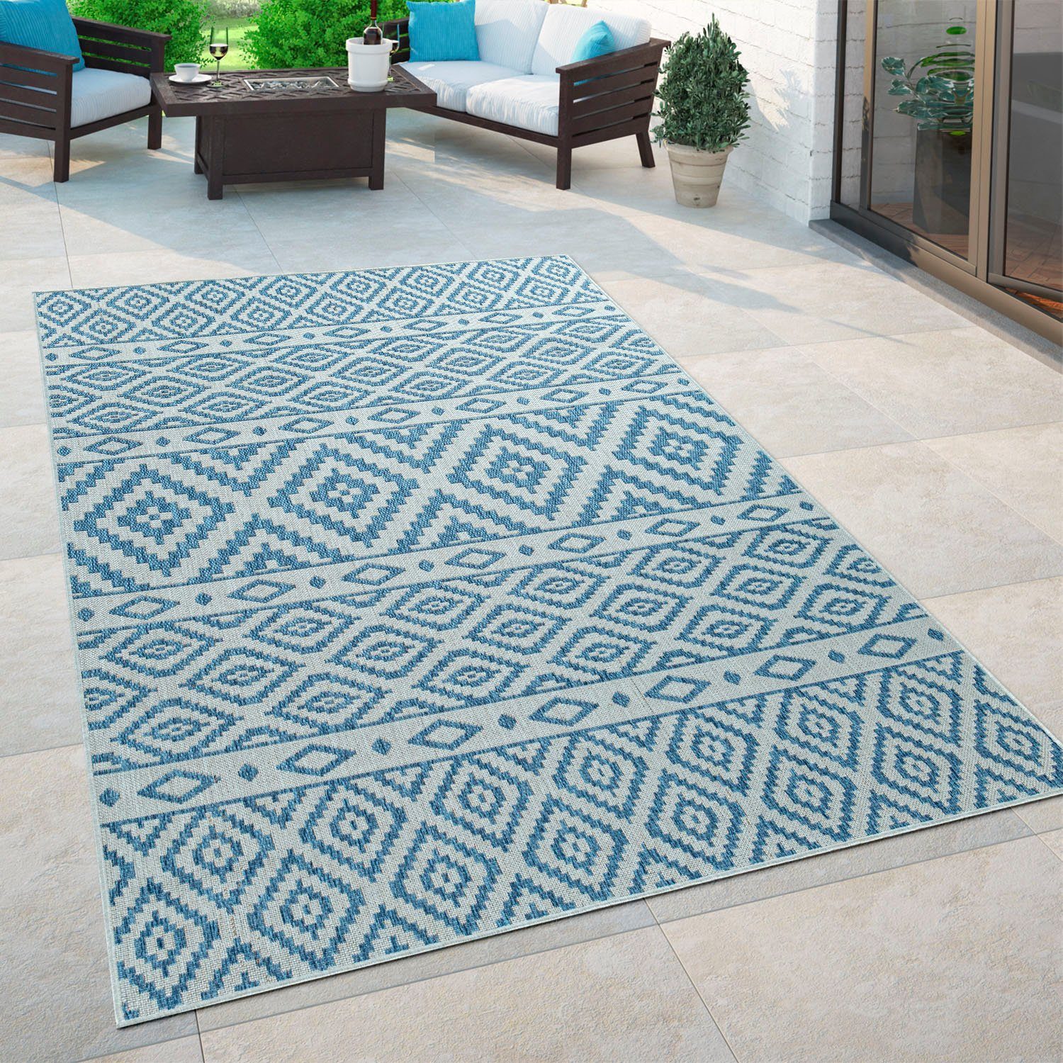 4 rechteckig, Design, und blau Läufer Rauten Teppich-Läufer, Coco Home, geeignet In- mm, Paco Outdoor 201, Höhe: Flachgewebe,