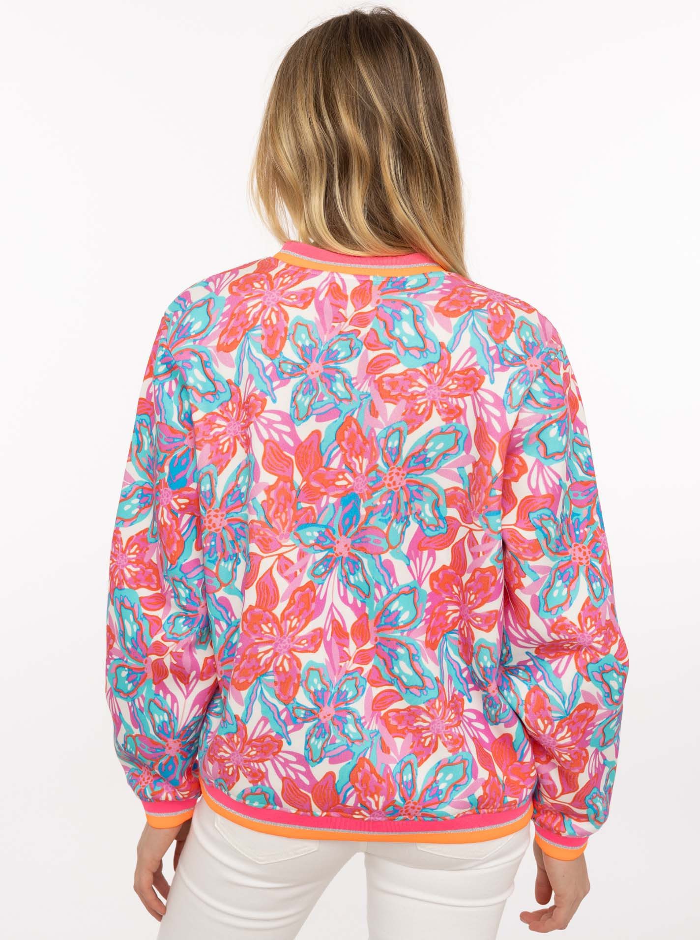 Zwillingsherz Hoodie "Flower Sparkles" Rundhals, gestreifte Neon-Bündchen, florales Muster
