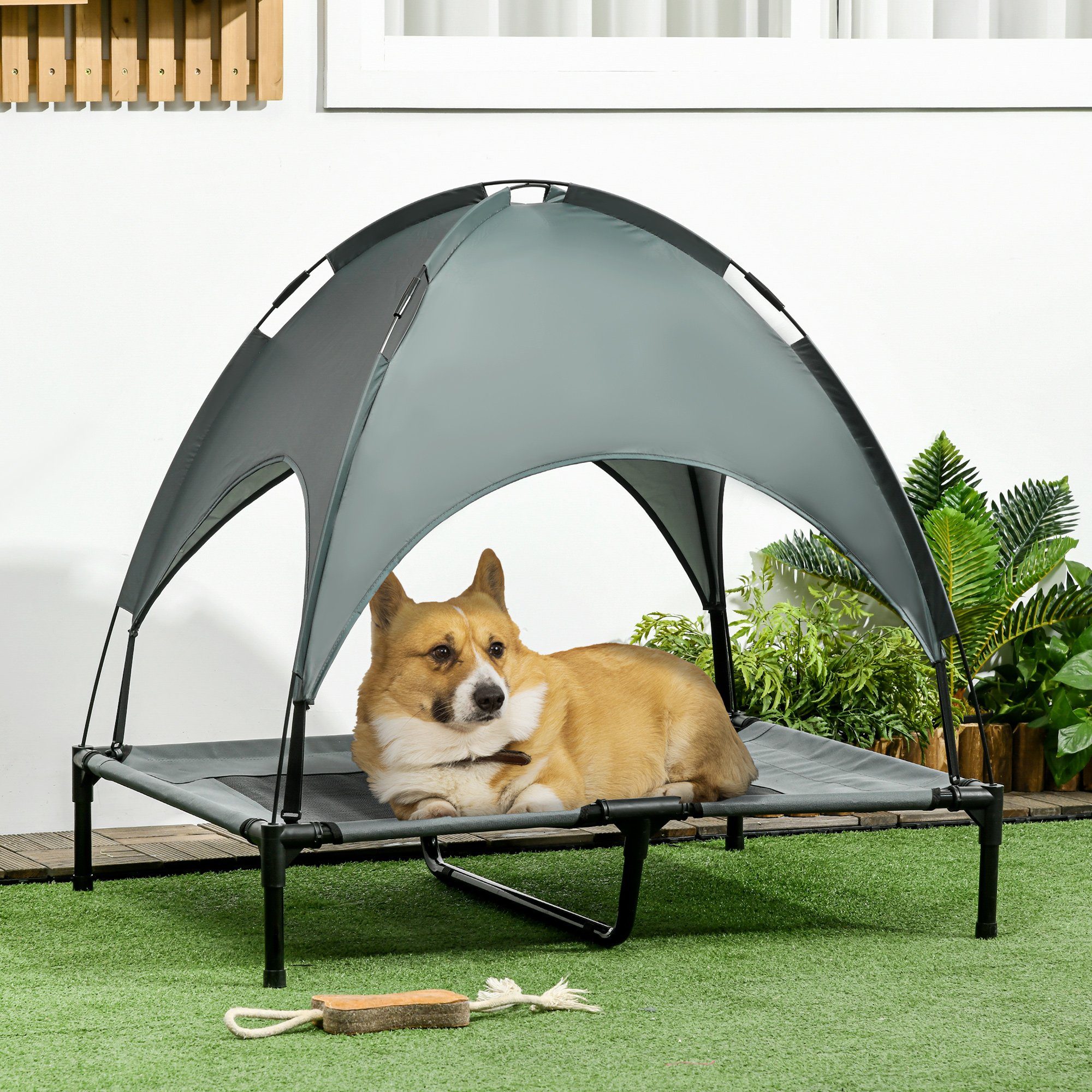 PawHut Tierbett Hundeliege mit Baldachin, Oxford, Netzstoff, Taftstoff, für Garten, Balkon, Grau