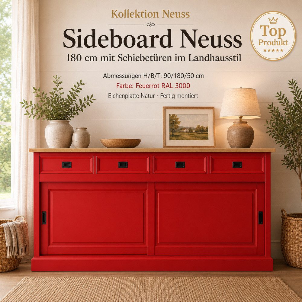 Wohnpalast Sideboard Sideboard Neuss feuerrot/eiche 180 cm mit Schiebetüren im Landhaus Sti