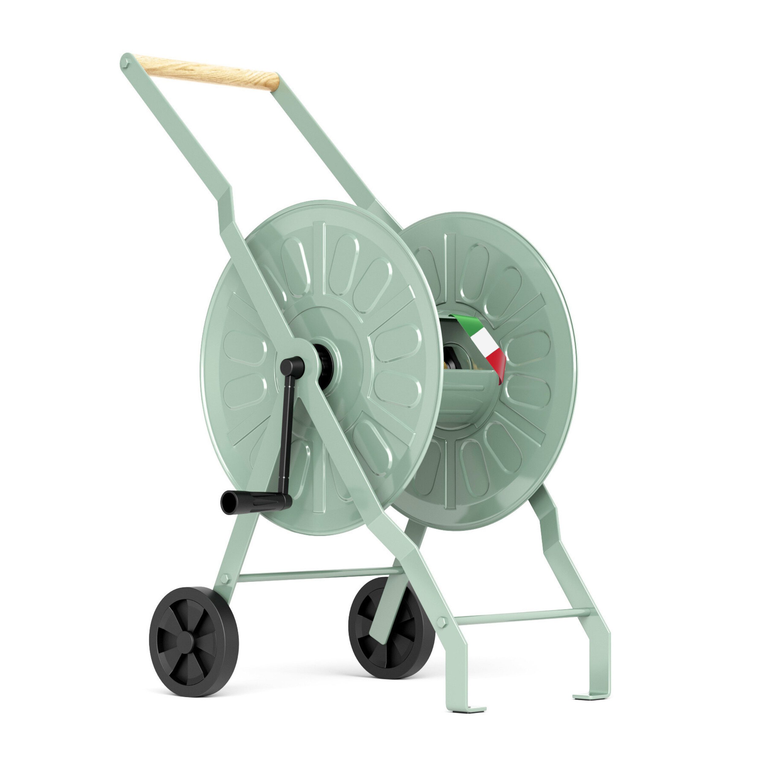 LIVLIG Schlauchwagen für bis 50 m Gartenschlauch, 1/2 Zoll Anschluss, (1x Schlauchwagen), Made in Italy, Handkurbel aus Holz, geländegängige Räder